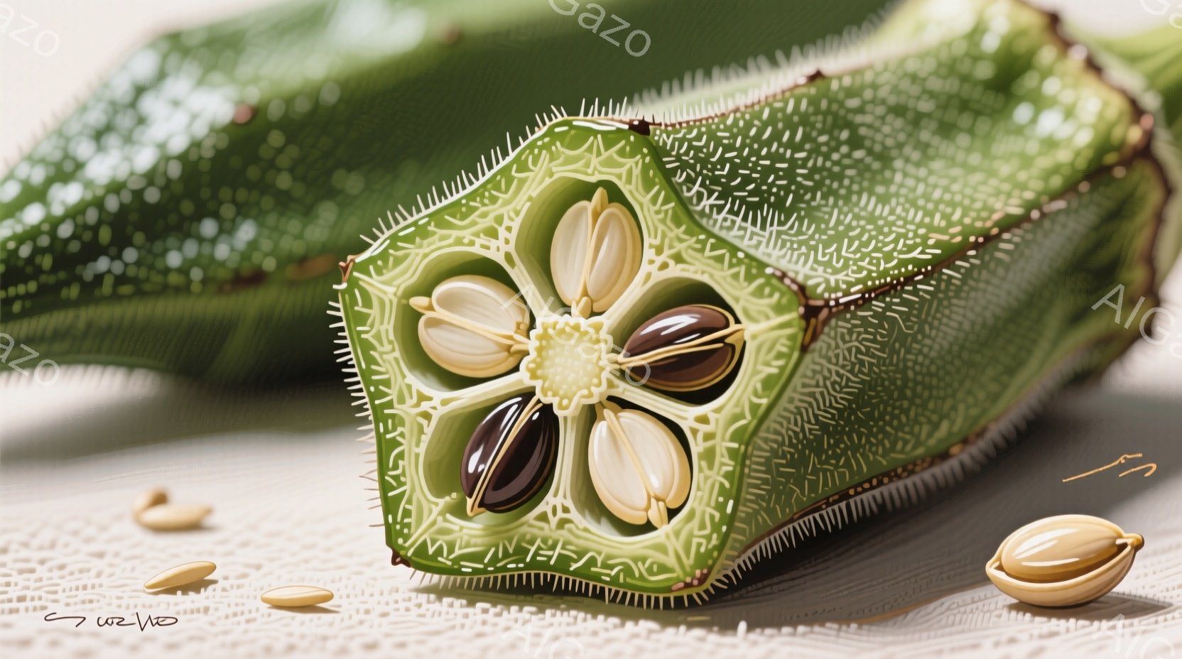 鮮やかな緑色のオクラが断面にされており、内側の種が星形に配置されている様子が詳細に描かれている。種は白と黒で、オクラの果肉は淡い緑色で、表面には細かい凹凸がある。背景は淡いベージュ色のテクスチャで、数 - AI生成フリー素材