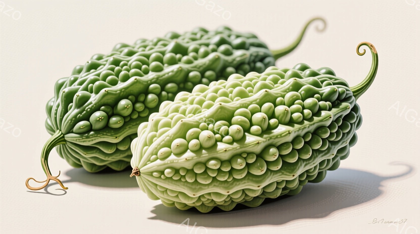 籐で編まれたバスケットに、緑色のゴーヤが山積みにされています。ゴーヤの一つは半分に切られて中身が見えており、種が確認できます。背景は木製のテーブルで、全体的に自然で健康的な印象を与える写真です。