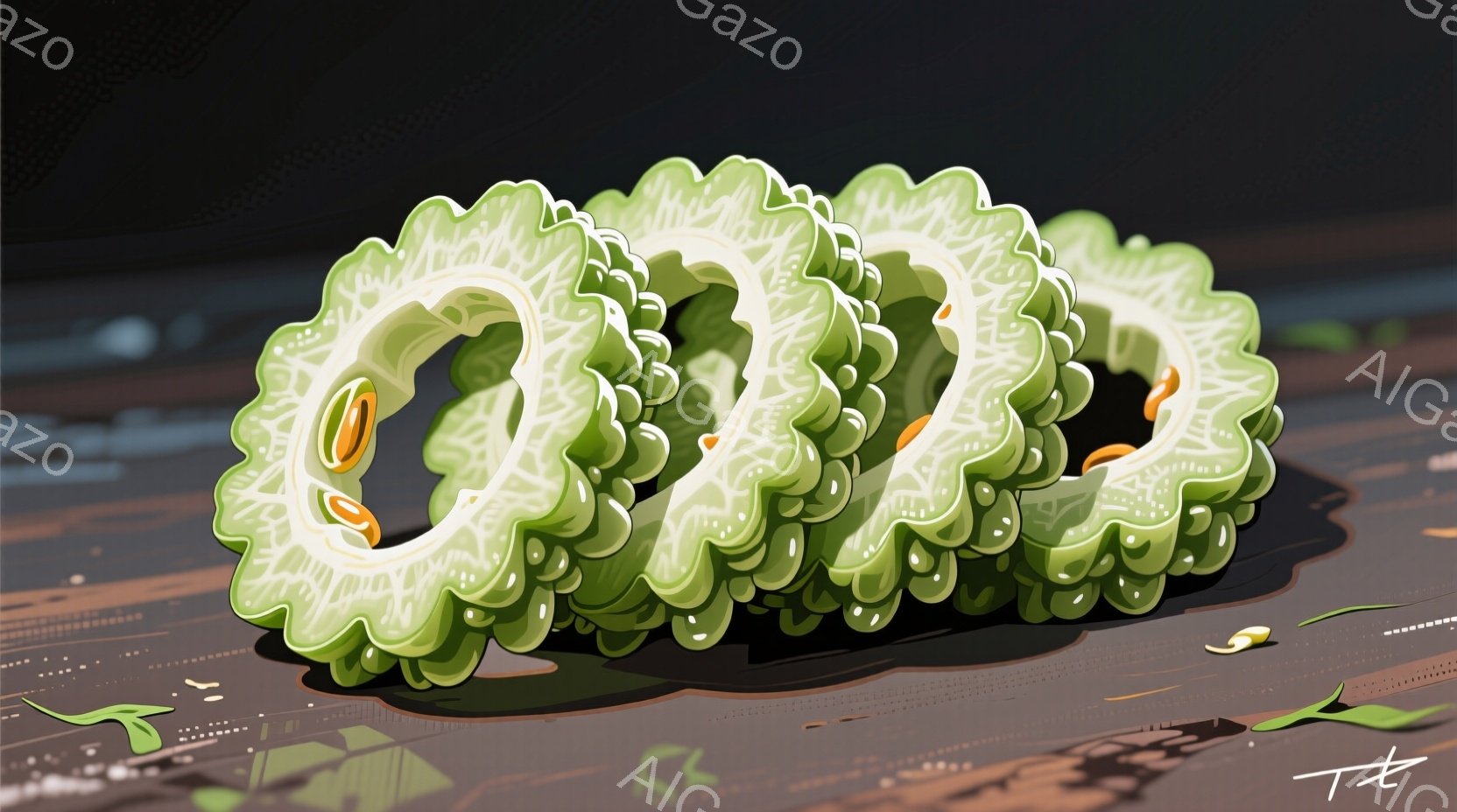 鮮やかな緑色のゴーヤの輪切りが、茶色の土の上に置かれています。種と果肉が露出し、独特の模様が特徴的です。背景は暗い色調で、ゴーヤが際立っています。 - AI生成フリー素材