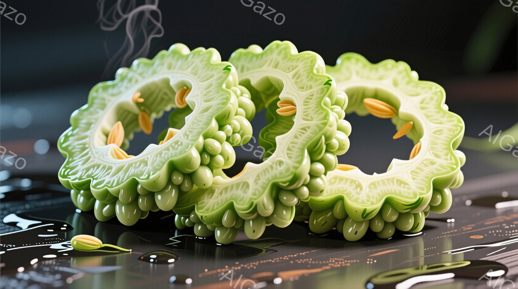 鮮やかな緑色のゴーヤの断面が、黒い光沢のある表面の上に並んでいます。ゴーヤの中には種がいくつか見え、表面には水滴のようなものが付着しており、湿った質感が強調されています。背景には、光る細かい模様が描かれた抽象的なパターンが広がり、幻想的な雰囲気を醸し出しています。