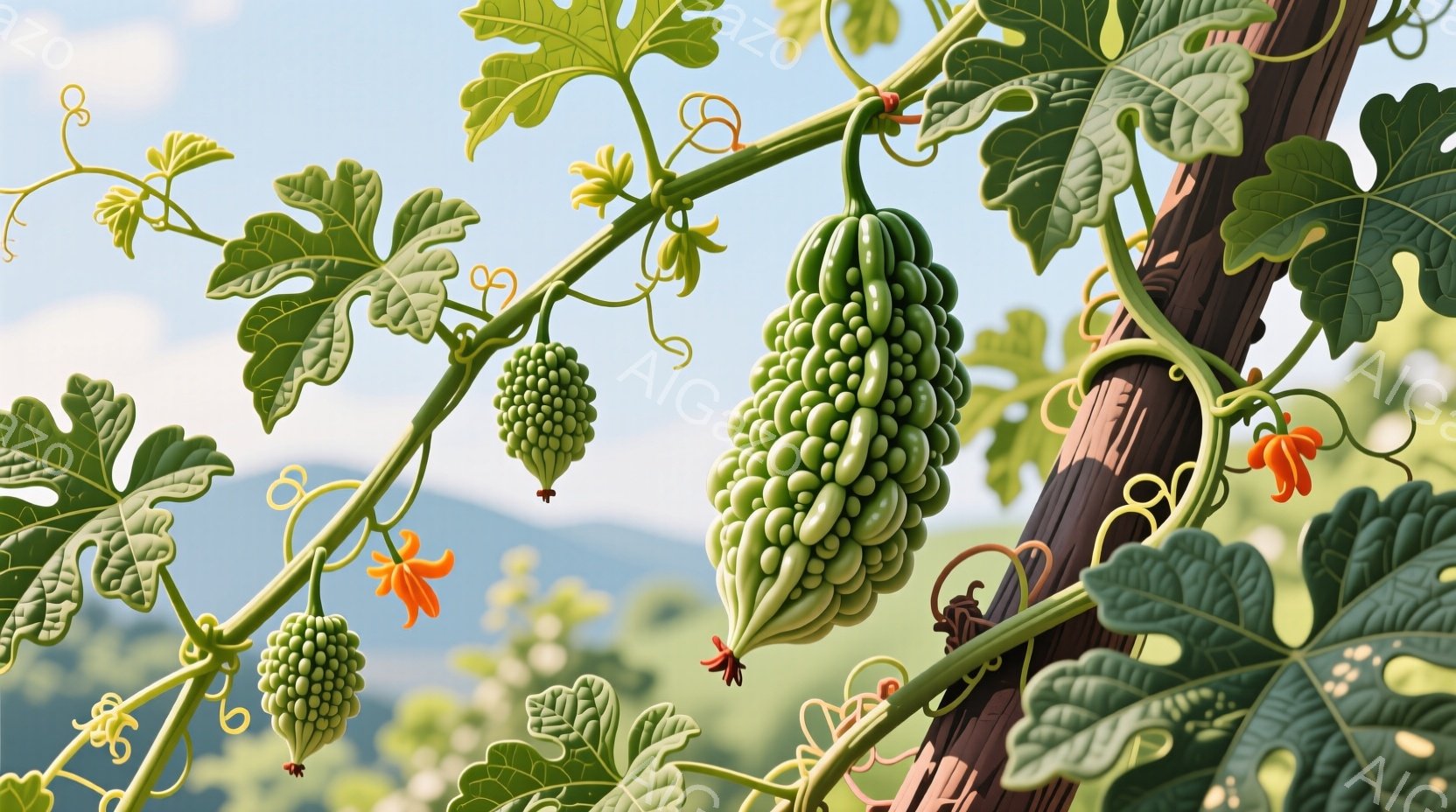 鮮やかな緑色のゴーヤが、木製の支柱に絡みつき、成長している様子が写っています。オレンジ色の花も咲き、葉や蔓とともに、背景の緑豊かな丘陵地帯と青空に映えています。全体的に、自然の成長と生命力を感じさせる、穏やかで明るい雰囲気です。