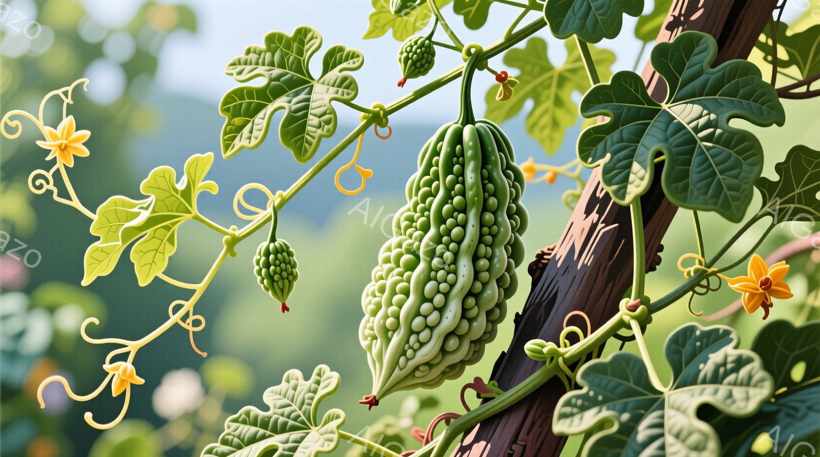苦瓜が蔓に絡みつき、成長している様子が写っている。背景には緑豊かな自然が広がり、日差しが柔らかく差し込んでいる。鮮やかな緑色と茶色の対比が、植物の生命力を感じさせる穏やかな雰囲気を作り出している。 - AI生成フリー素材