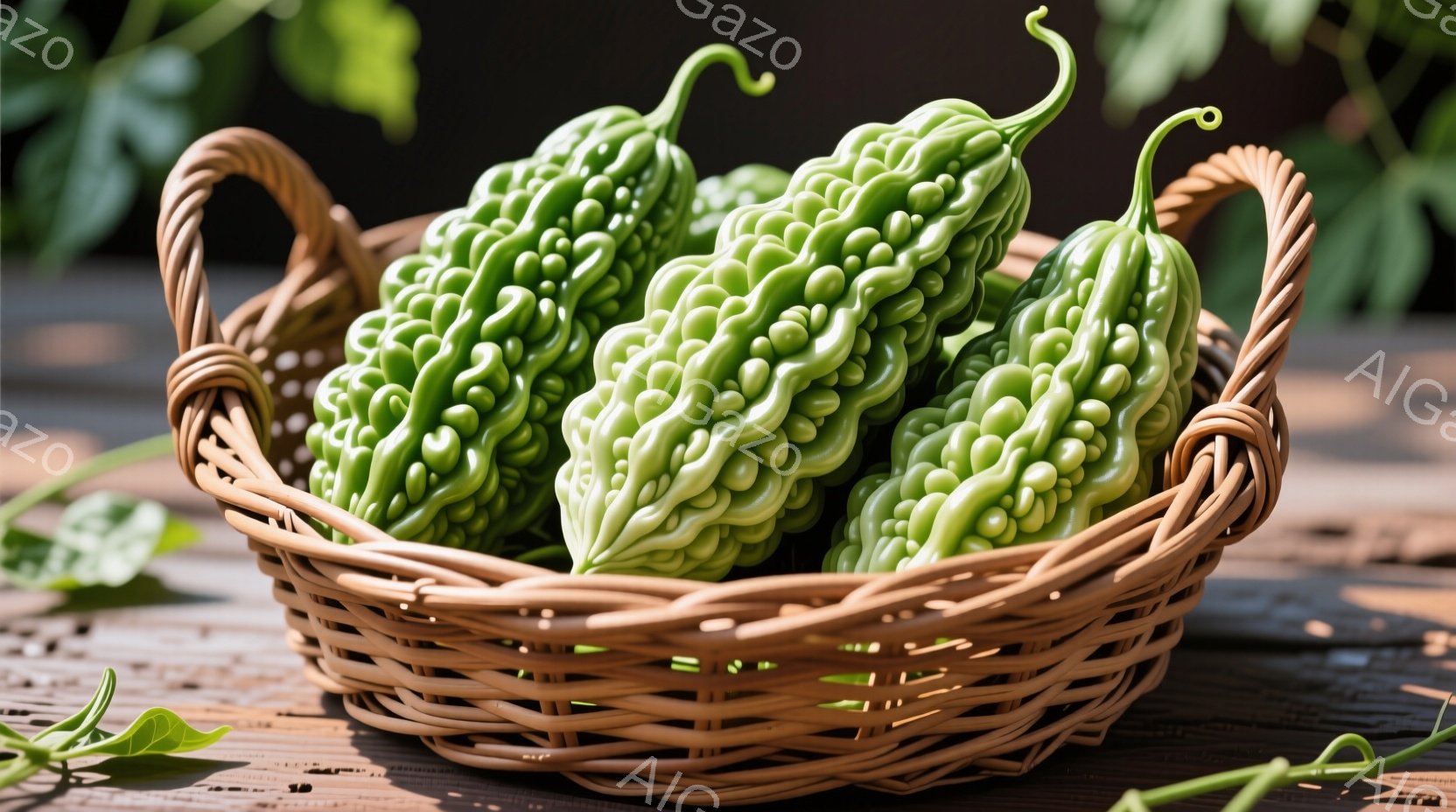 籐で編まれたかごに、緑色の苦瓜（ゴーヤ）がぎっしりと詰まっています。木製のテーブルの上に置かれており、背景はぼやけていますが、緑の葉っぱが見えます。全体的に、新鮮な野菜の収穫を表現した、素朴で自然な雰囲気です。