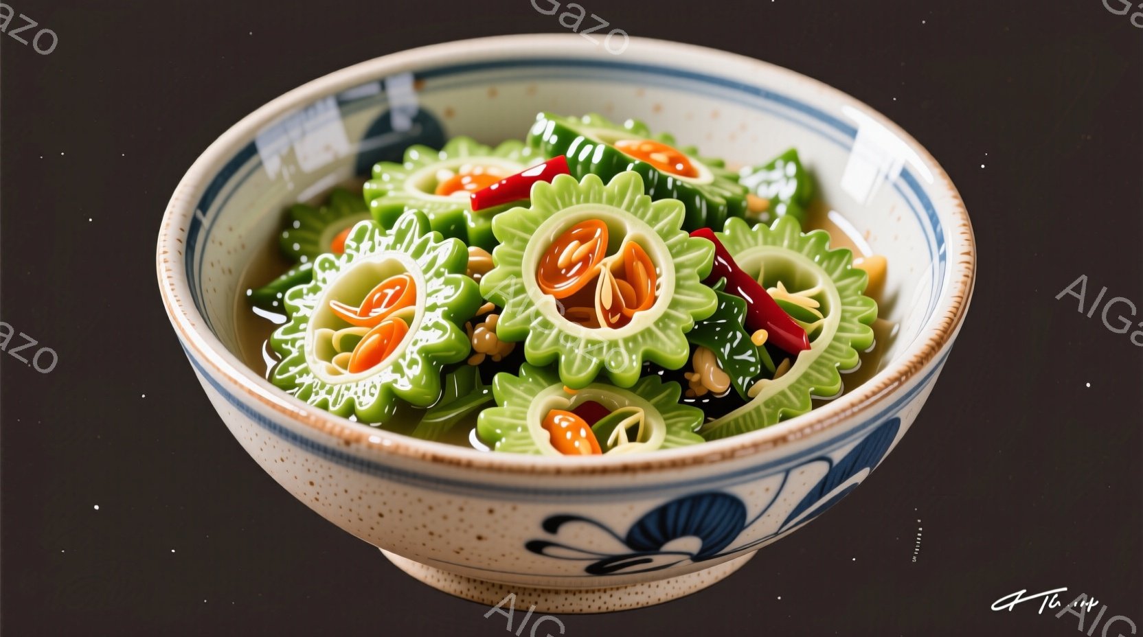 鮮やかな緑色のゴーヤが、赤色の唐辛子と共に陶器の丼に盛り付けられています。丼は青色の模様が描かれており、全体的に家庭料理のような温かみのある雰囲気が漂っています。光沢のあるゴーヤと唐辛子のコントラストが食欲をそそります。