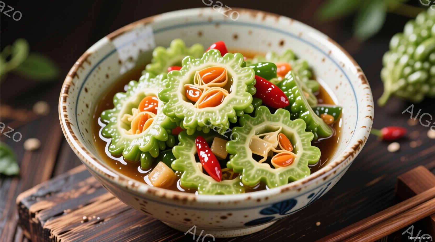 白地に青い模様が描かれた浅い丸いお皿に、緑色のゴーヤと赤い唐辛子、オレンジ色のものが盛り付けられています。ゴーヤは薄切りにされ、唐辛子とオレンジ色のものはアクセントとして散りばめられています。背景は木製のテーブルで、全体的に健康的で食欲をそそる雰囲気です。