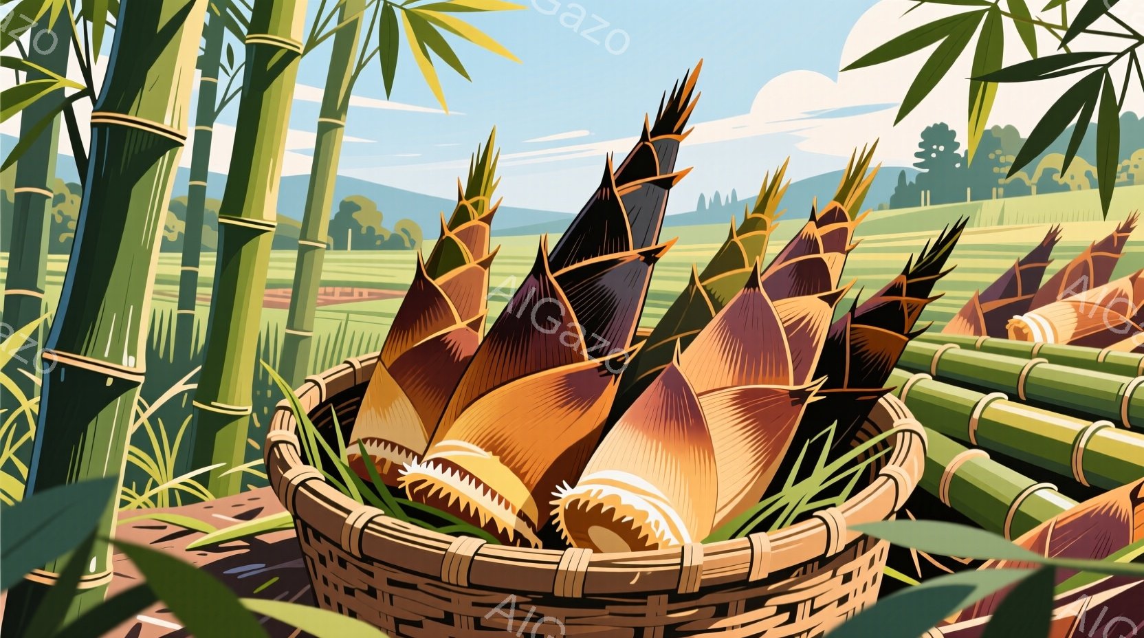 籠の中に刈り取られた竹の穂が山のように積まれています。背景には緑豊かな竹林が広がり、遠くには山々と田園風景が見えます。全体的に暖かく穏やかな雰囲気で、収穫の喜びや自然の豊かさを感じさせます。