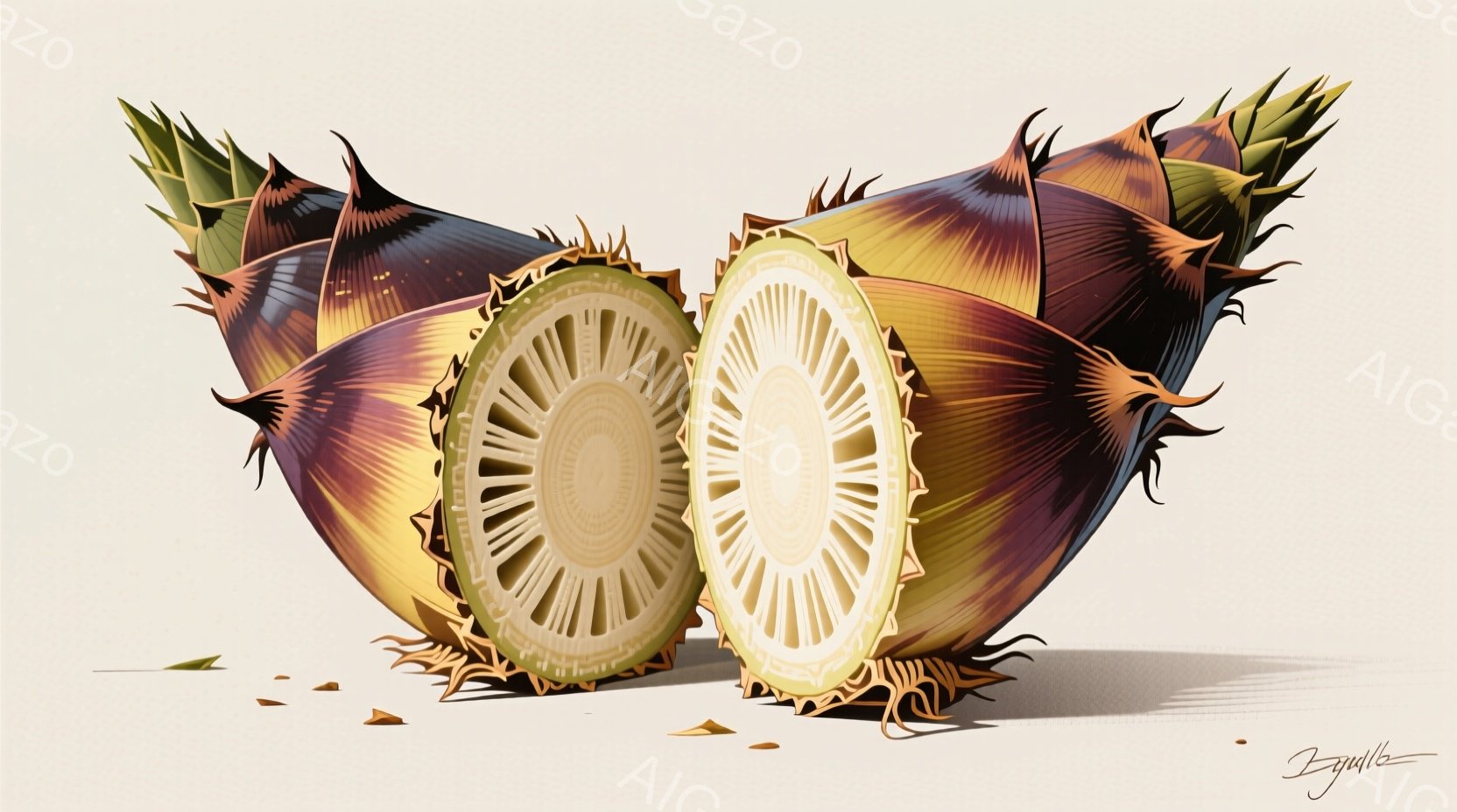 断面にされた蓮根が、明るい背景に浮かび上がっています。蓮根の切り口からは、特徴的な穴が規則的に並び、その断面の美しさが際立っています。背景には、蓮根から落ちたと思われる薄い破片が散らばっており、全体的に静かで穏やかな雰囲気を醸し出しています。