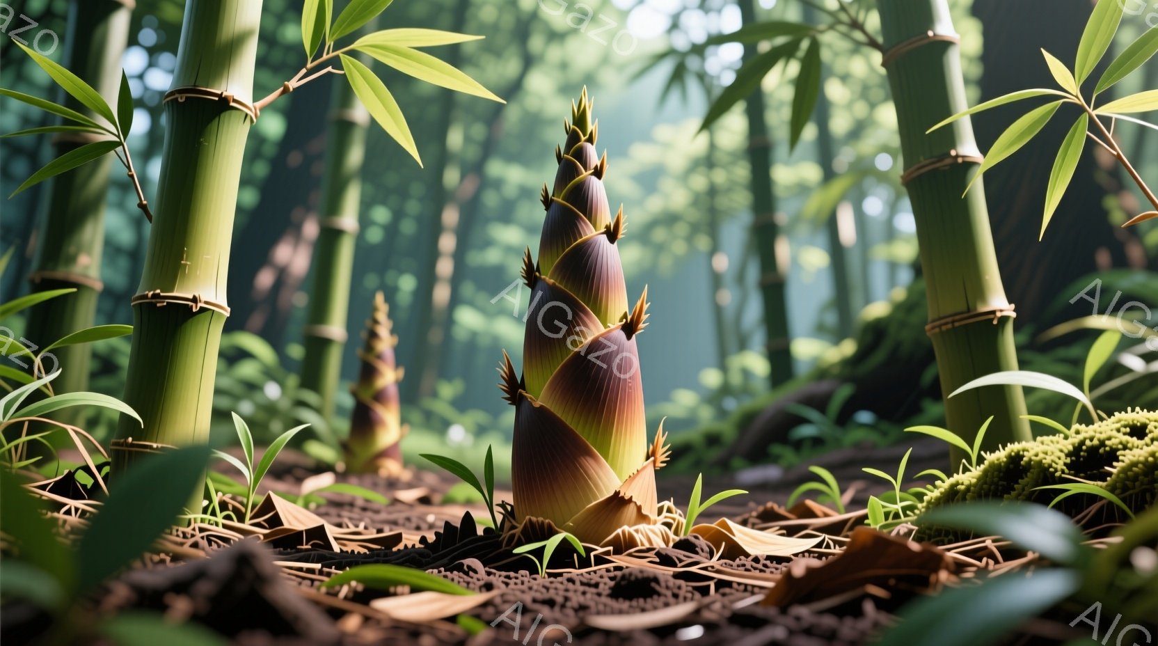 鮮やかな緑色の竹林の中で、新芽が土から顔を出している様子が捉えられています。地面は落ち葉や苔で覆われ、湿った土の匂いが感じられます。光が竹の葉の間から差し込み、新芽を照らし出すことで、生命力溢れる神秘的な雰囲気を醸し出しています。