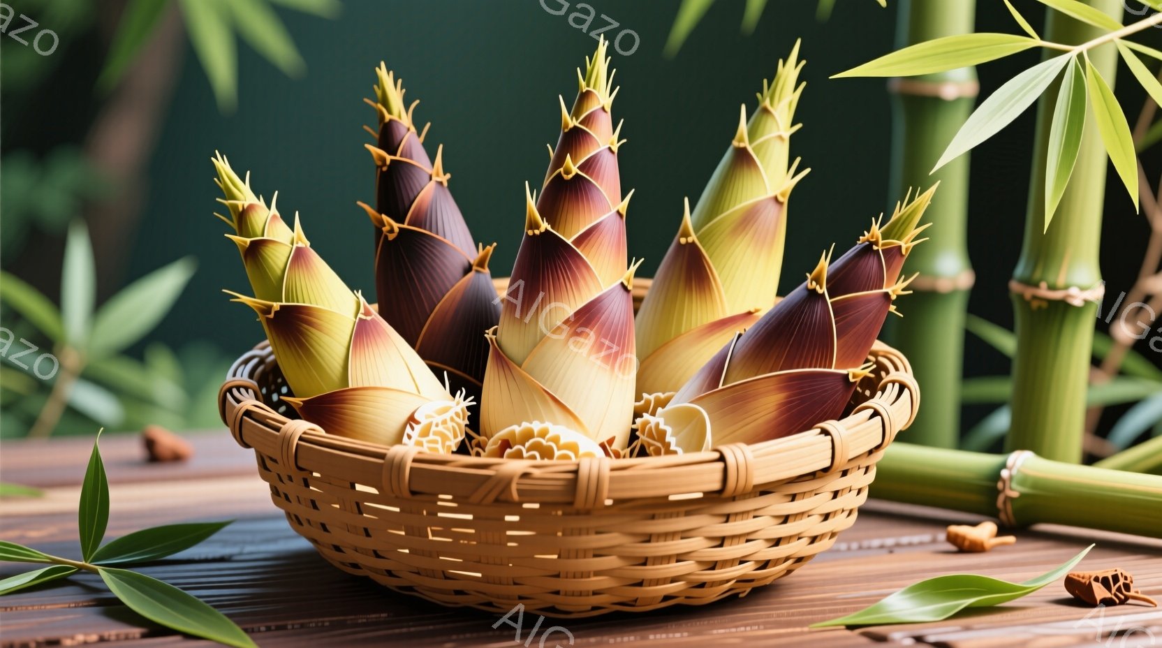 籠の中に新筍がぎっしりと詰まっており、鮮やかな黄緑色と茶色のグラデーションが美しい。筍は新しく摘まれたばかりで、瑞々しく、生命力に満ち溢れている印象を与える。背景には竹林がぼんやりと見え、自然の恵みを体現した静かで落ち着いた雰囲気が漂う。