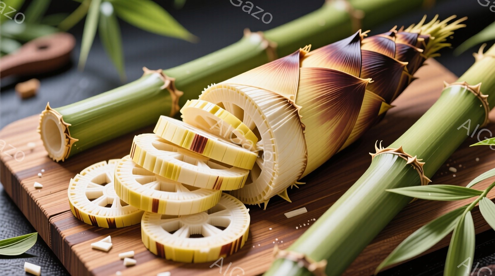 レンコンのスライスと根が木製のボードの上に配置されています。切り口からは特徴的な穴が開いており、根の部分は茶色と白の縞模様で、一部は緑色の葉と組み合わせて配置されています。全体的に、自然光の下で食材の - AI生成フリー素材