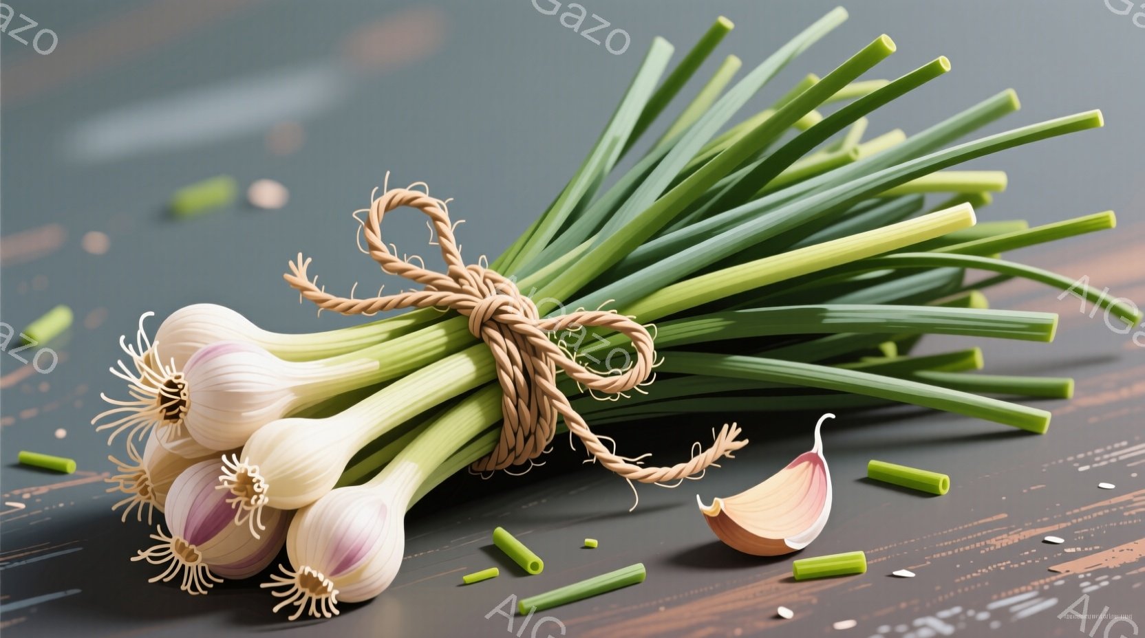 鮮やかな緑色のネギが束ねられ、茶色の麻紐で固定されています。背景は木目調のテーブルで、いくつかのネギの切れ端と小さな白い粒が散らばっています。全体的に、シンプルで自然な雰囲気の静物画です。