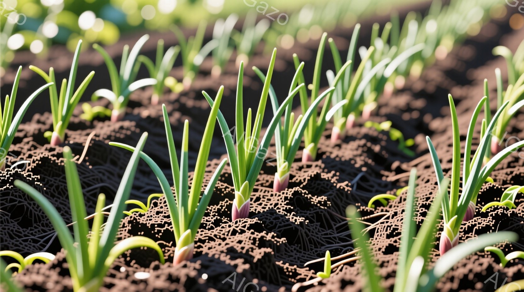 畑に植えられたばかりの若いネギが密集して生えている様子が写っている。黒い土の上に緑色の葉が生え、根元は赤紫色をしている。麦わらのようなマルチング材が土の表面を覆い、太陽の光が差し込む穏やかな春の日の雰 - AI生成フリー素材