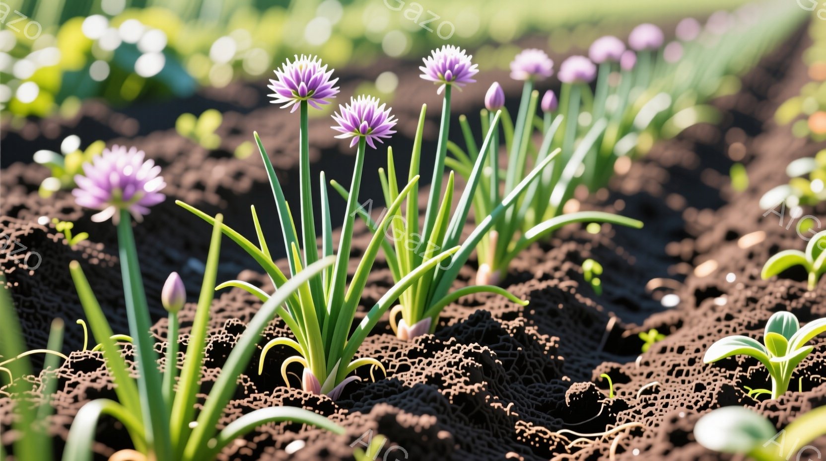 肥沃な土壌に、紫色の花を咲かせ始めたネギのような植物が密集して生えている様子が写っている。葉は緑色で細長く、花は球状で、まだつぼみがついているものもある。背景には、ぼやけた緑色の植物が見え、晴れた日の穏やかな雰囲気を感じさせる。