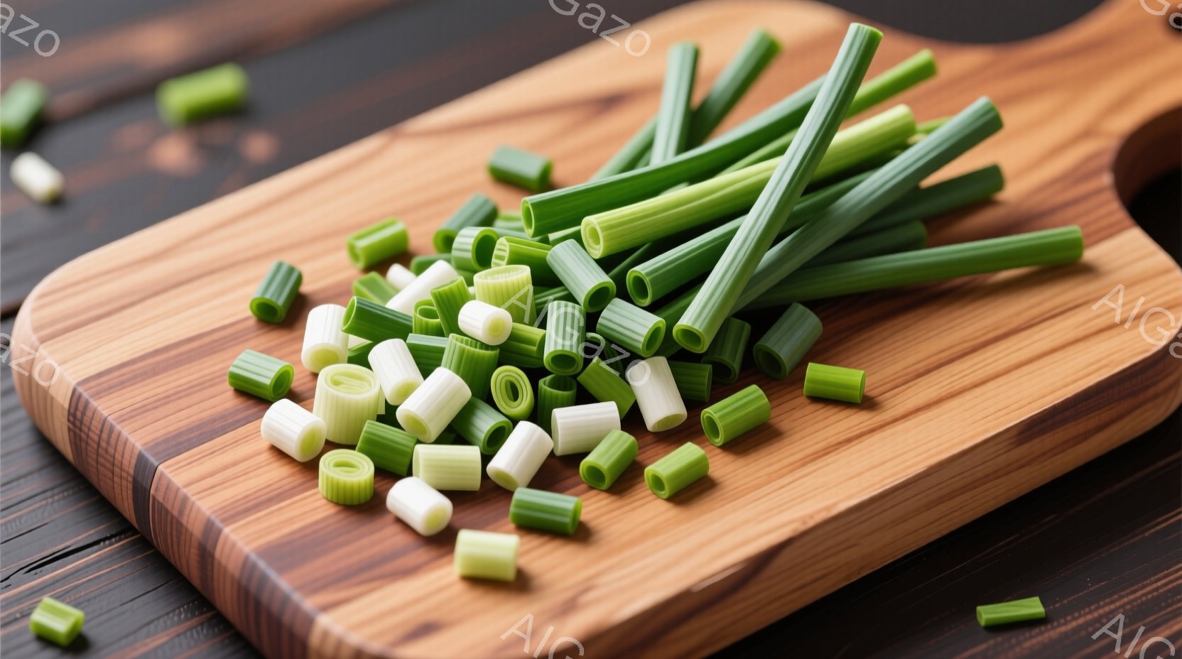 木製のまな板の上に細かく切られたネギが散りばめられています。ネギは鮮やかな緑色から白色のグラデーションで、新鮮さを感じさせます。背景は暗い木目調で、ネギの緑色が際立っています。