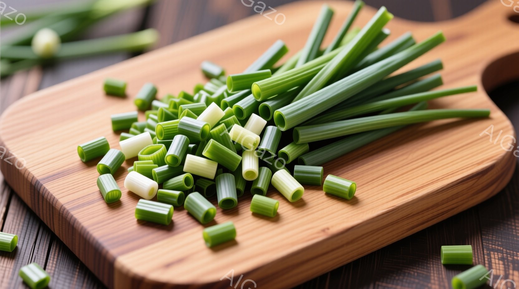 切り刻まれたネギが、木製のまな板の上に山積みになっている。ネギは鮮やかな緑色から白に変わり、細かく均一にカットされているのがわかる。背景には、木製のテーブルのテクスチャが見え、全体的に温かみのある、料 - AI生成フリー素材
