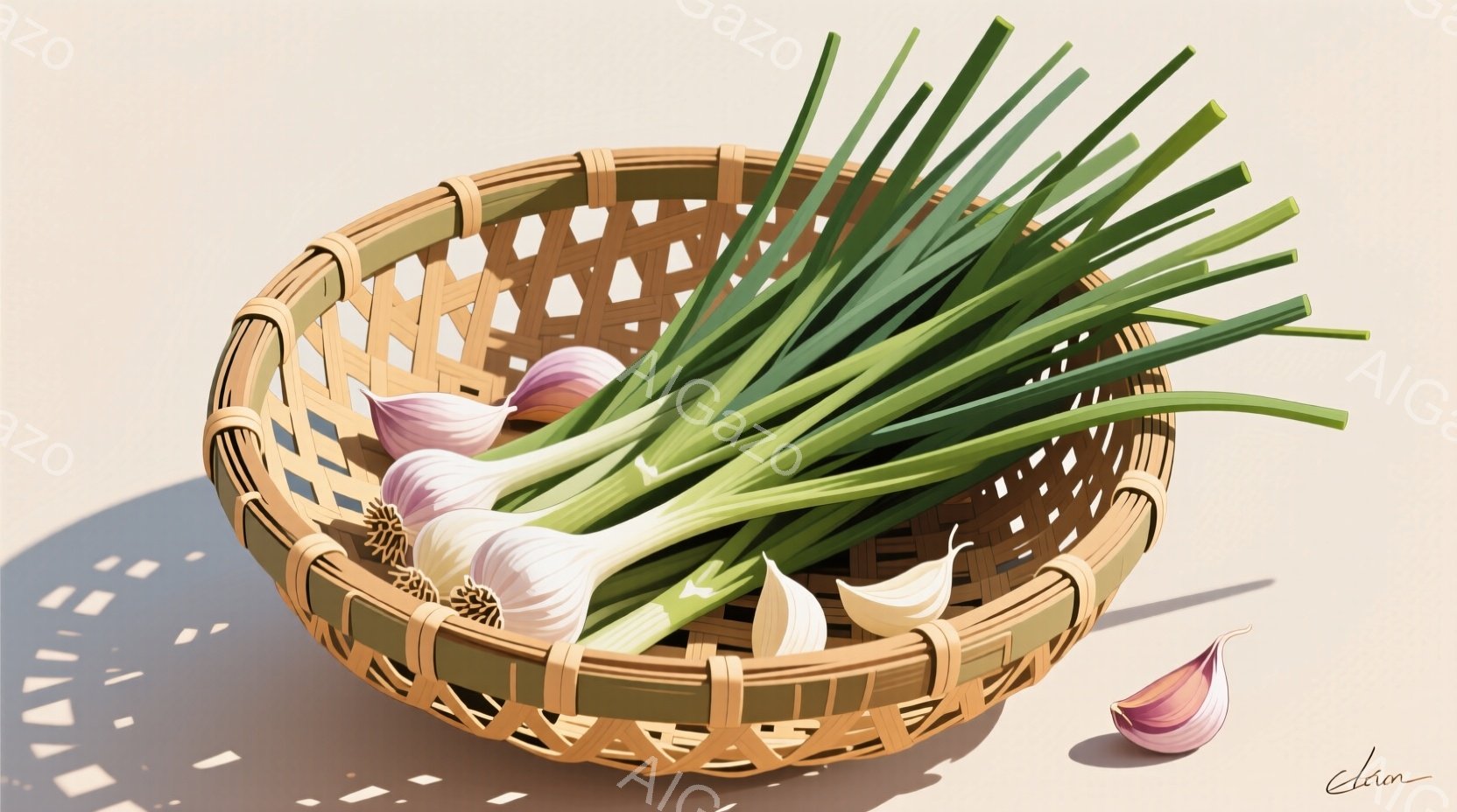 籠の中にニンニクの束が置かれており、鮮やかな緑色の葉が豊かに広がっている。籠の横には、剥き出しになったニンニクの球根が一つ置かれ、その下には剥きかけのニンニクの皮が散らばっている。背景は淡いベージュ色で、左側には影が映り込み、全体的に静かで落ち着いた雰囲気が漂っている。