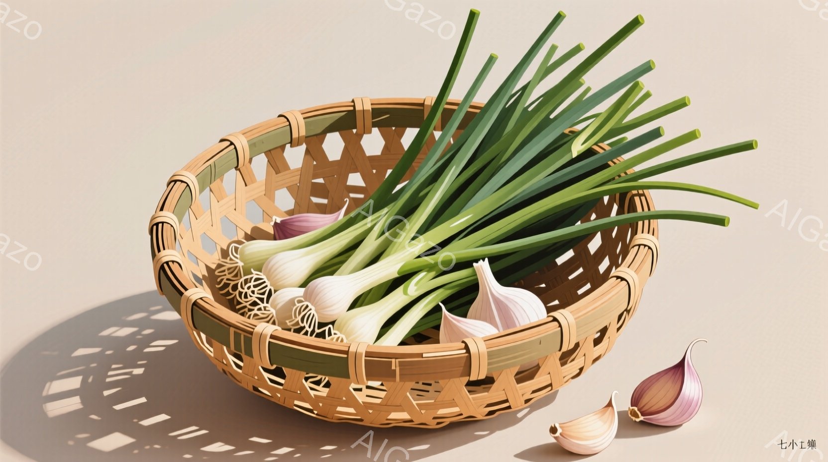 籠の中に、収穫されたばかりのネギとニンニクが入れられています。籠の横には、割れたニンニクの球根が置かれており、影が床に伸びています。全体的に、シンプルな構成で、収穫されたばかりの新鮮な食材の雰囲気が漂 - AI生成フリー素材