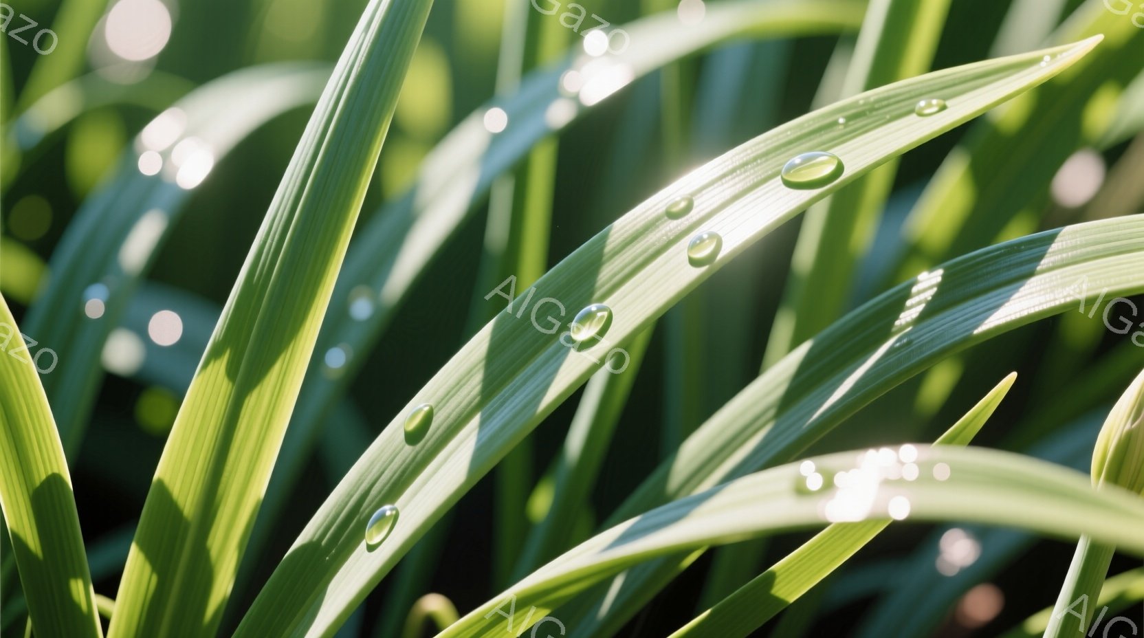 鮮やかな緑色の草の葉が画面を埋め尽くし、朝露や雨粒が葉の表面に輝いている。光が葉を照らし、影が美しく描かれ、生き生きとした自然の風景を捉えている。全体的に爽やかで、生命力に満ちた、穏やかな雰囲気が漂っている。