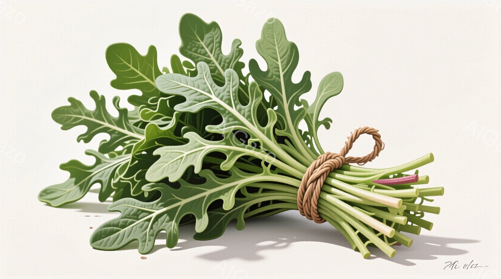 鮮やかな緑色の葉野菜の束が、藁で結ばれて描かれています。葉は縮れており、茎は太く、少し赤みがかった部分が見えます。背景は淡いベージュ色で、野菜の影がはっきりと落ちています。