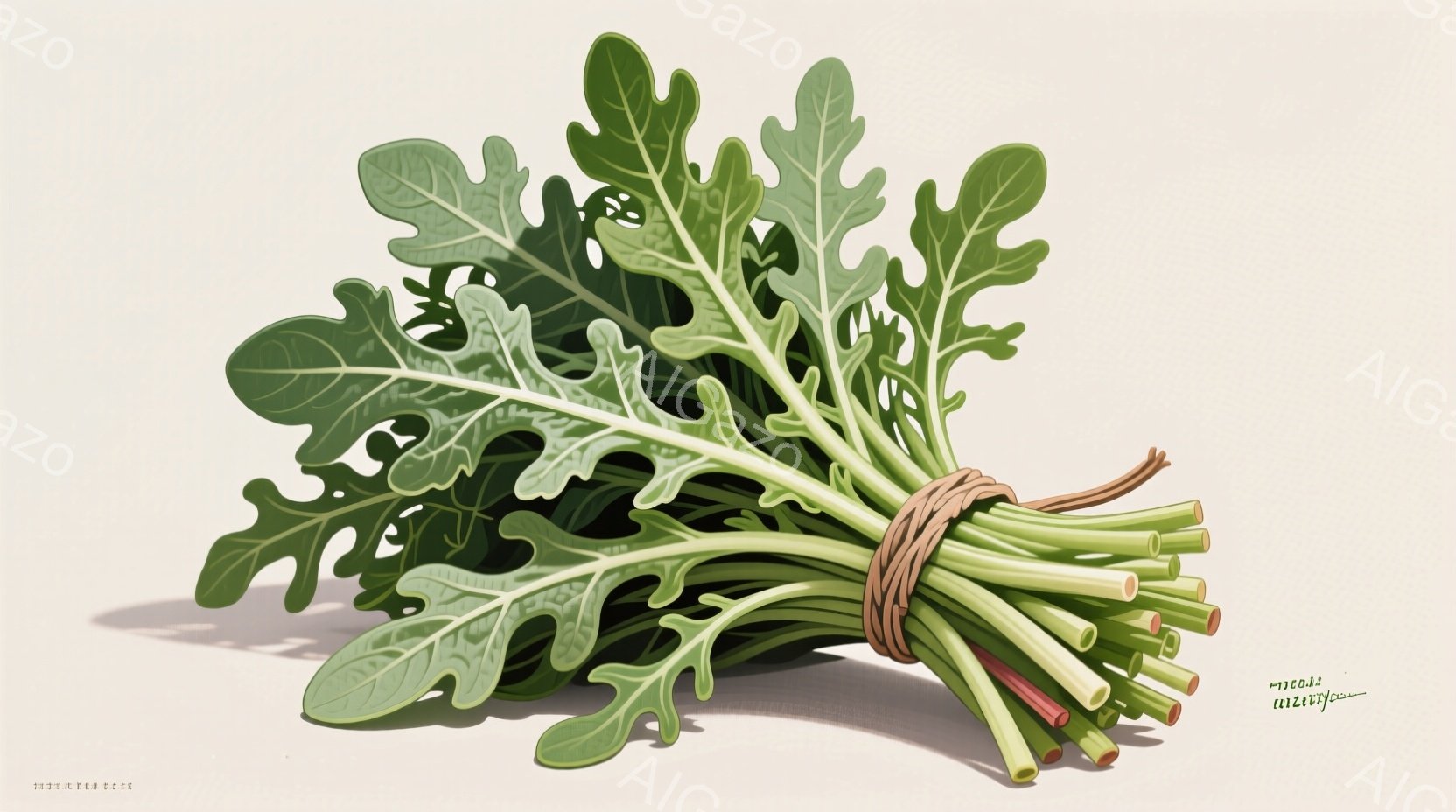 緑色の葉野菜の束が描かれており、おそらくルッコラまたは類似の葉物野菜です。野菜は紐でまとめられており、影が落ちて立体感が強調されています。背景は淡い色調で、野菜が際立っています。