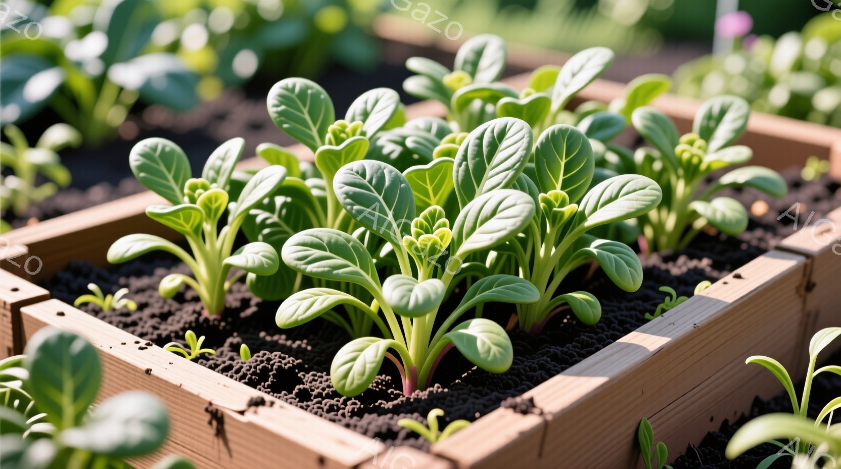 浅い木製のプランターの中に、若々しい緑色の葉を持つ植物が密集して植えられています。土は黒く、湿っているように見え、植物の根元をしっかりと支えています。背景には、同様のプランターが並び、明るい日光が降り注ぎ、穏やかで自然な雰囲気を醸し出しています。