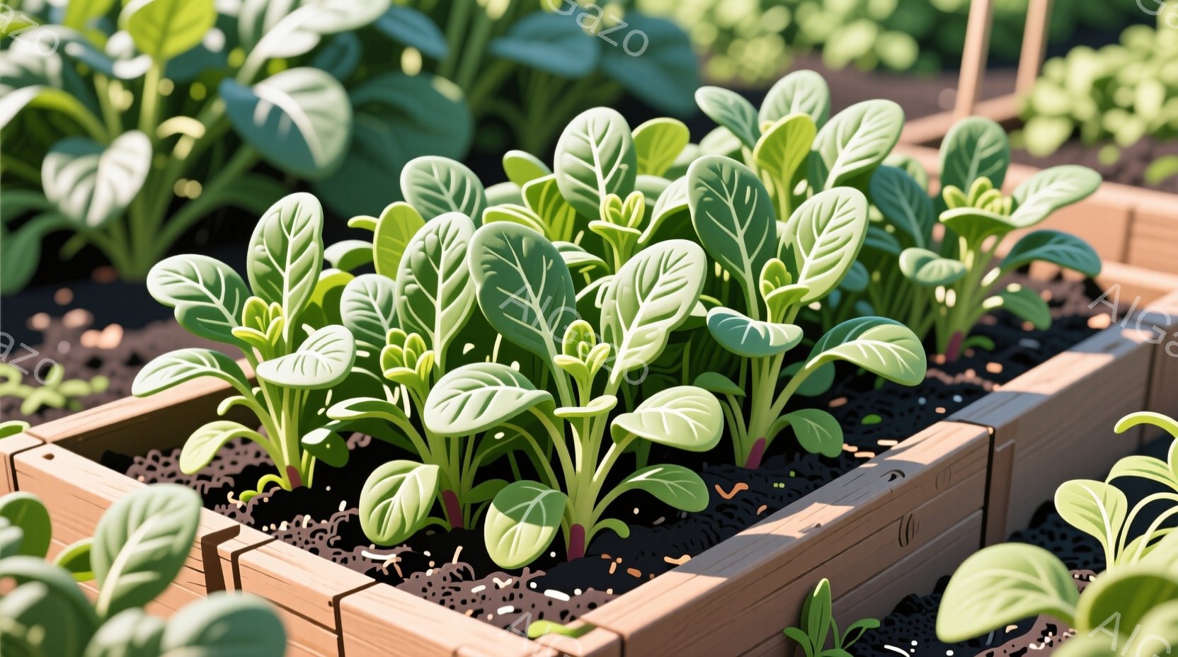 庭の菜園に植えられた若い葉野菜が写っている。木製の箱庭に黒い土が敷かれ、緑と紫色の茎と葉を持つ植物が密集して生えている。背景には他の葉野菜がぼやけて見え、日差しが柔らかく降り注いでいる。