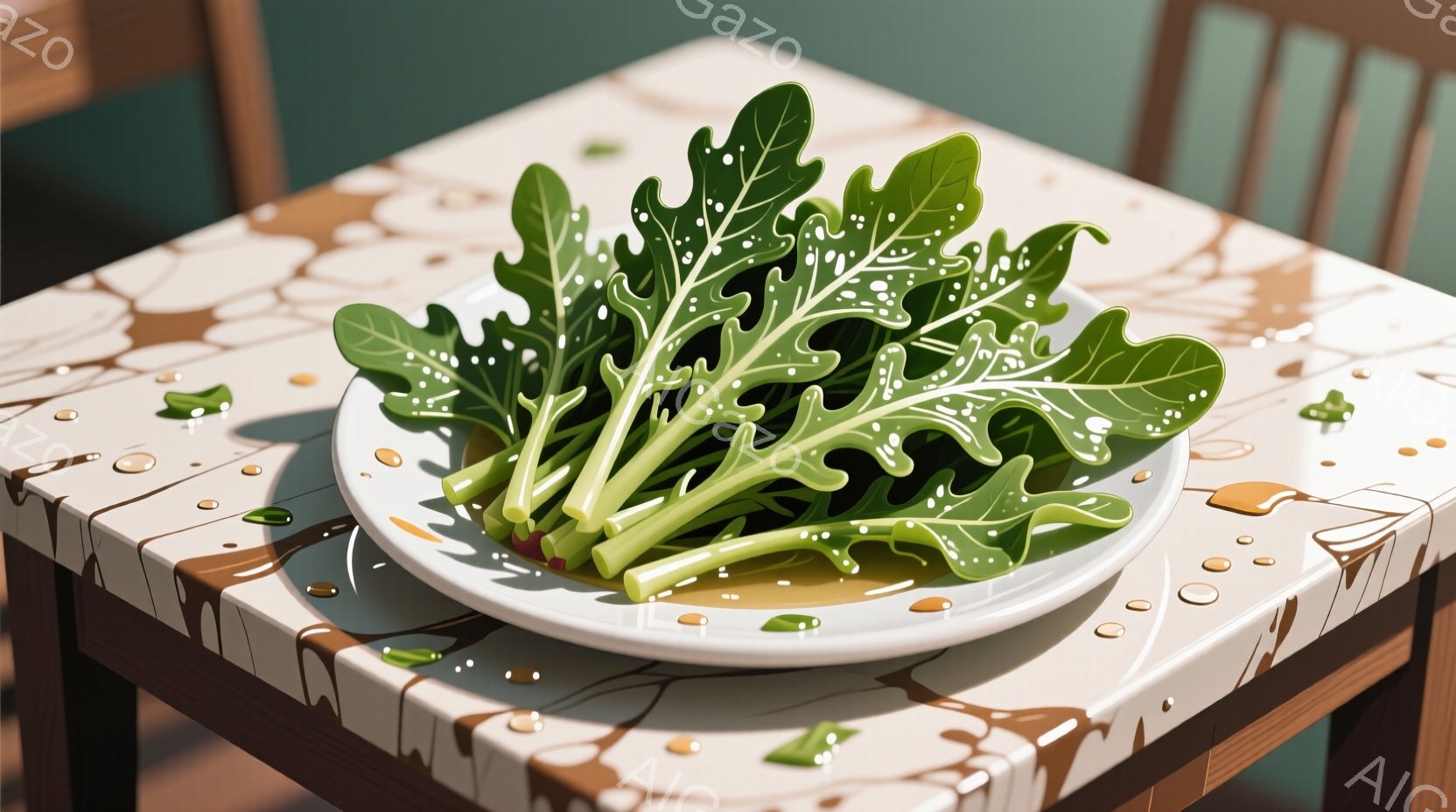 白い皿に、鮮やかな緑色のルッコラが盛られています。テーブルの上には水滴が散らばり、木製のテーブル脚がわずかに見えています。全体的に明るく、爽やかな食欲をそそる雰囲気です。
