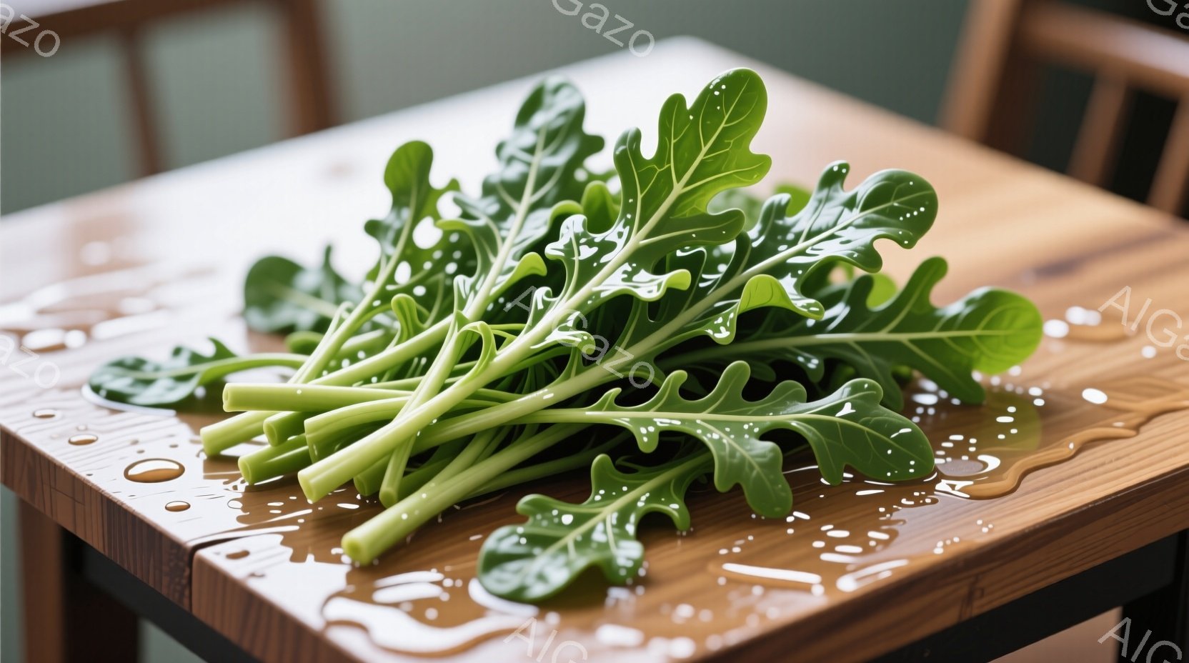 鮮やかな緑色のケールが、木製のテーブルの上に置かれています。テーブル面には水滴が散らばっており、ケールが洗われたばかりであることが伺えます。背景はぼやけていますが、テーブルの素材感とケールの瑞々しさが - AI生成フリー素材