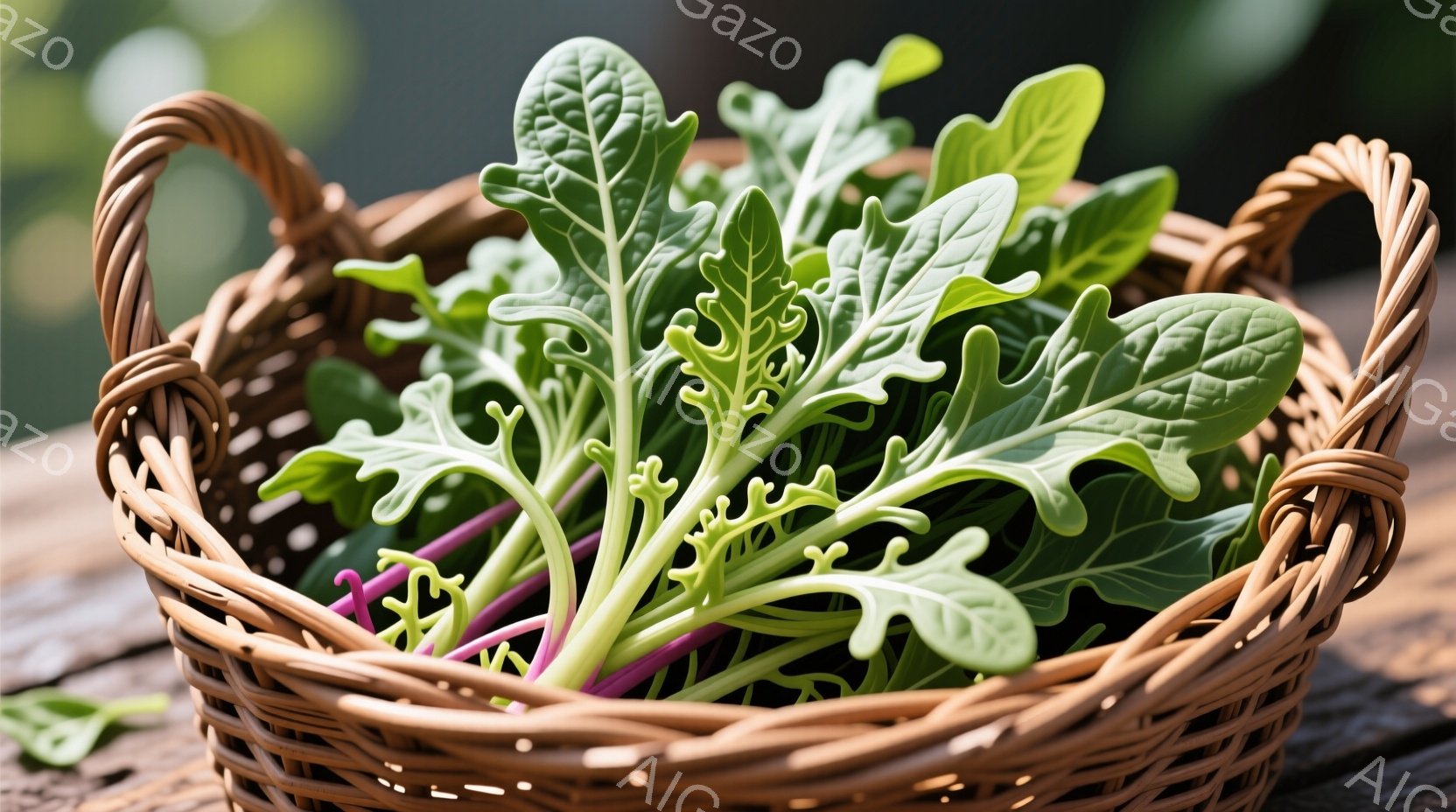 籐で編まれたバスケットの中に、緑色と紫色の葉野菜がたっぷり入っています。木製のテーブルの上に置かれ、自然光の下で葉の鮮やかな色が際立っています。全体的に、新鮮で収穫されたばかりの野菜を表現した、素朴で - AI生成フリー素材