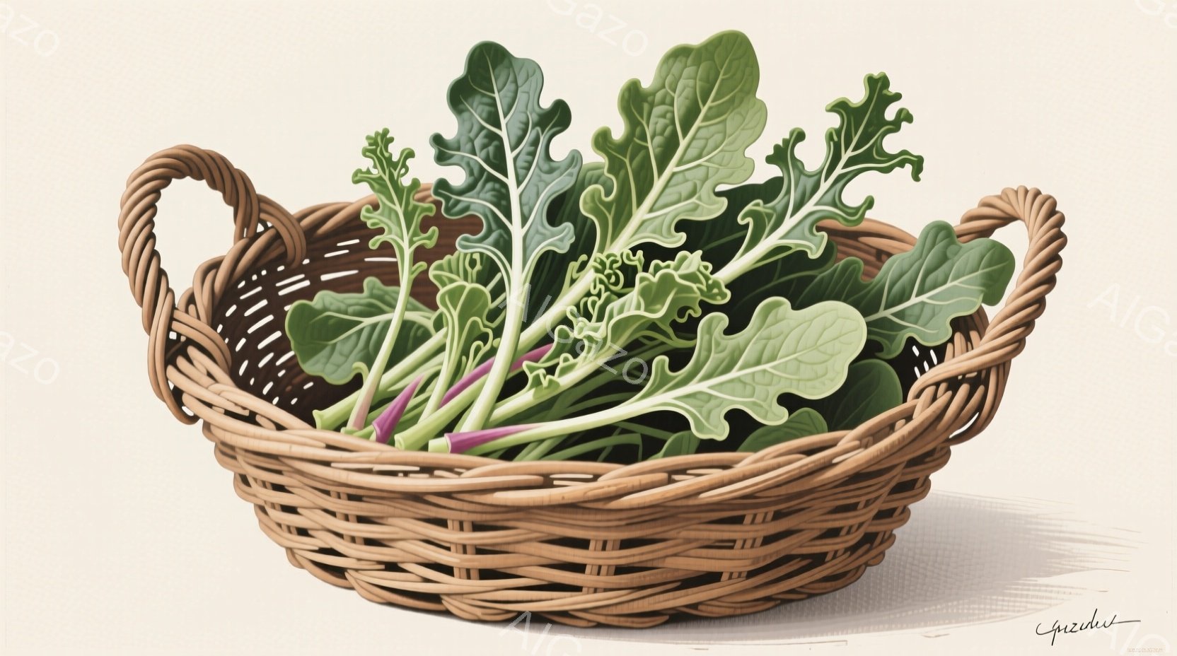 籠の中に、様々な種類の葉野菜がぎっしりと詰め込まれています。籠は茶色く編み込まれており、光の当たり方によって影が入り、立体感が強調されています。背景は淡いベージュ色で、野菜の鮮やかな緑色が際立っていま - AI生成フリー素材