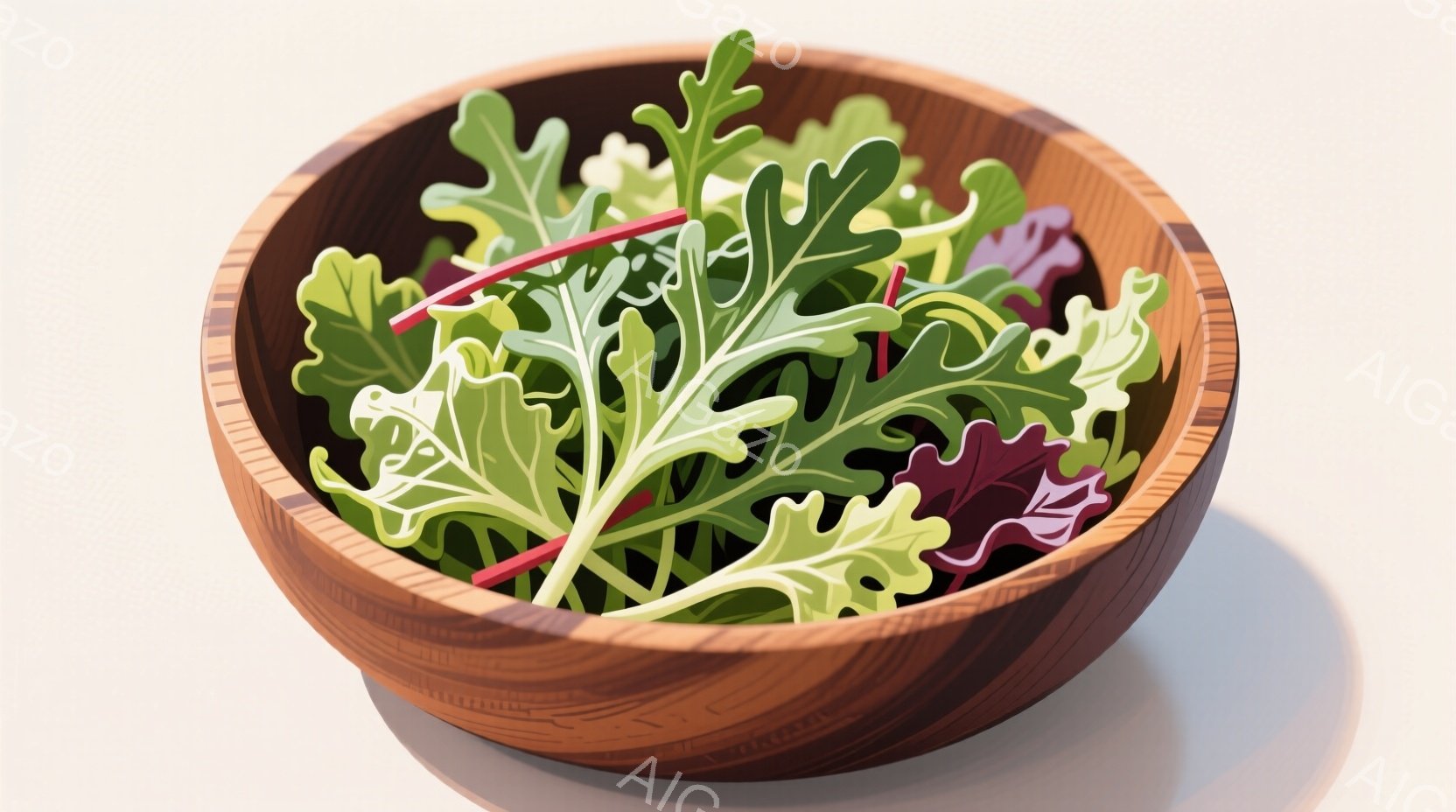 茶色い木製のボウルに、様々な緑色の葉野菜がたっぷりと盛られています。赤紫色の葉も混ざり、彩りを添えています。背景は明るいベージュ色で、葉野菜の鮮やかさを引き立てています。