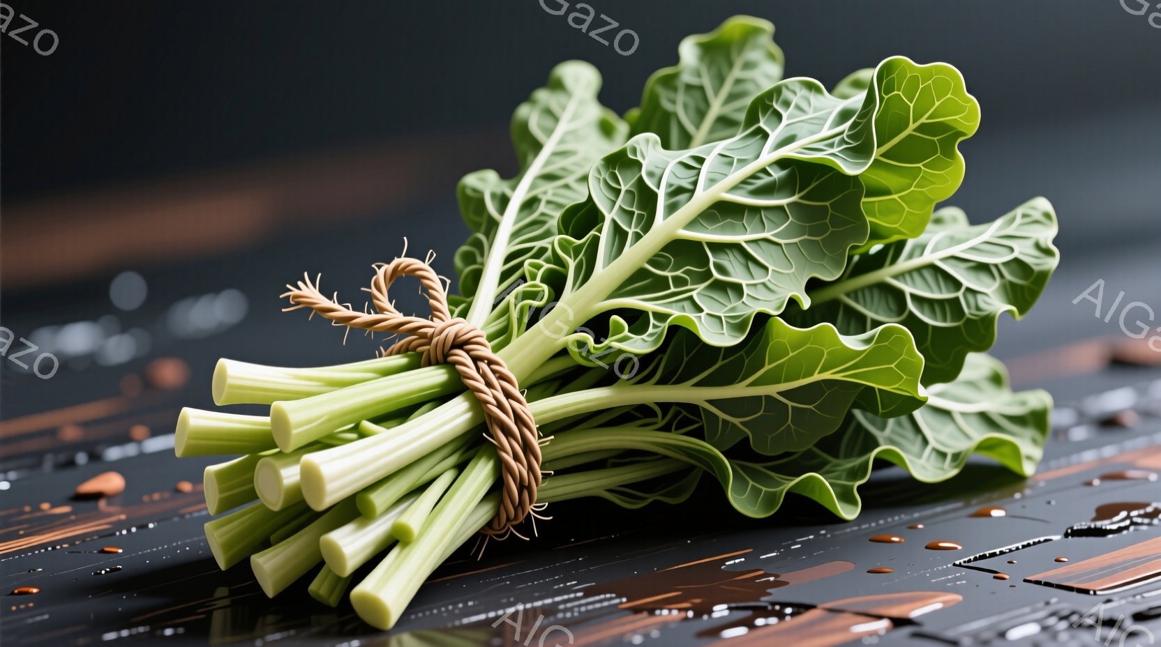 鮮やかな緑色の葉野菜が画面を占めており、葉脈や葉の縁のギザギザが詳細に描かれている。葉は力強く伸びており、光沢があり、みずみずしい印象を与える。背景は淡いベージュ色で、葉の緑色が際立ち、植物の生命力を - AI生成フリー素材