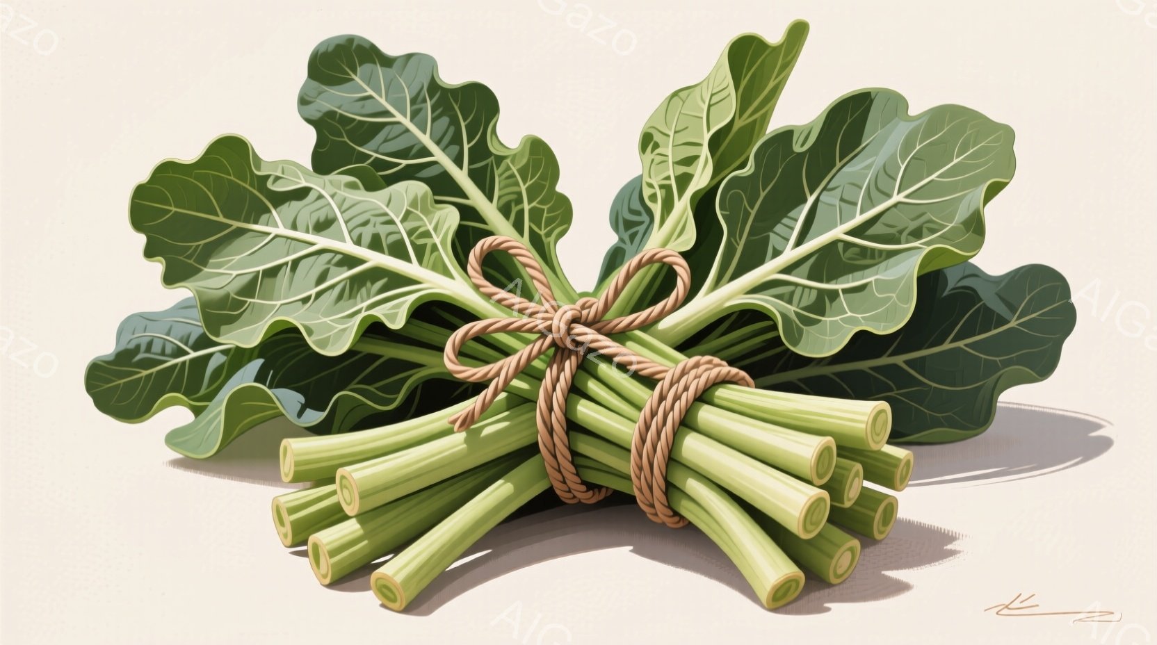 鮮やかな緑色の小松菜が、麻紐でしっかりと束ねられています。茎は淡い緑色で、葉は濃い緑色と光沢があり、みずみずしさを感じさせます。背景は淡いベージュ色で、影がわずかにあり、小松菜が立体的に見えます。