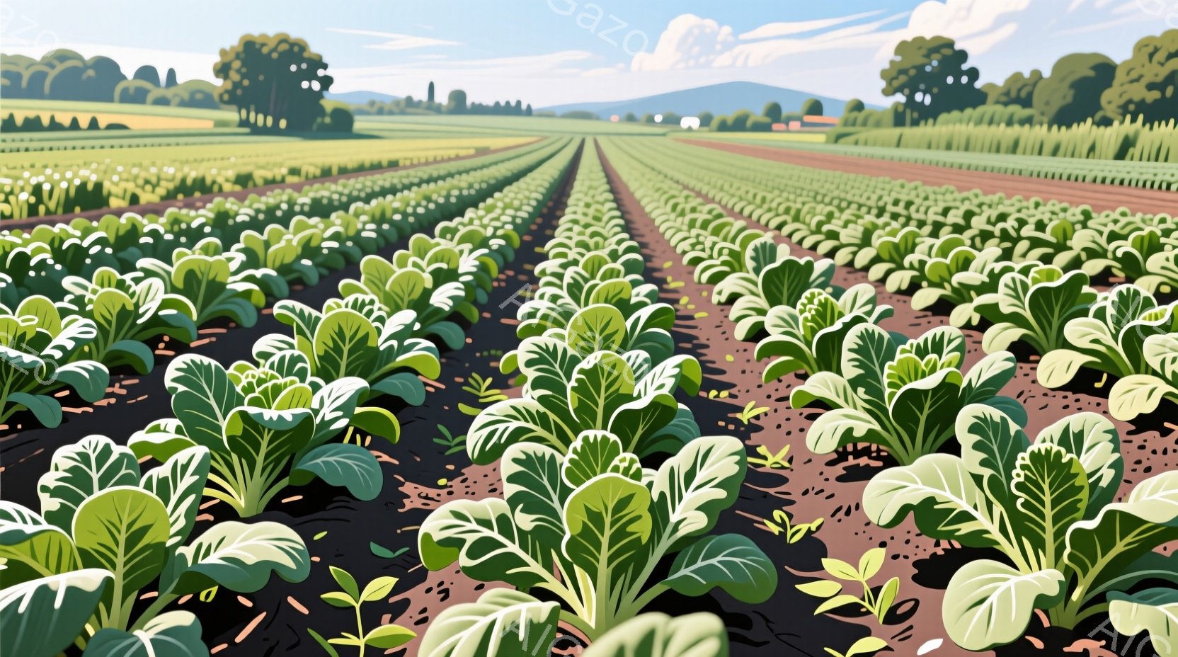 小さな編み込みの籠の中に、新鮮な小松菜が山のように盛られています。籠は茶色で、葉の緑とのコントラストが美しいです。影が施されており、立体感が強調されています。 - AI生成フリー素材