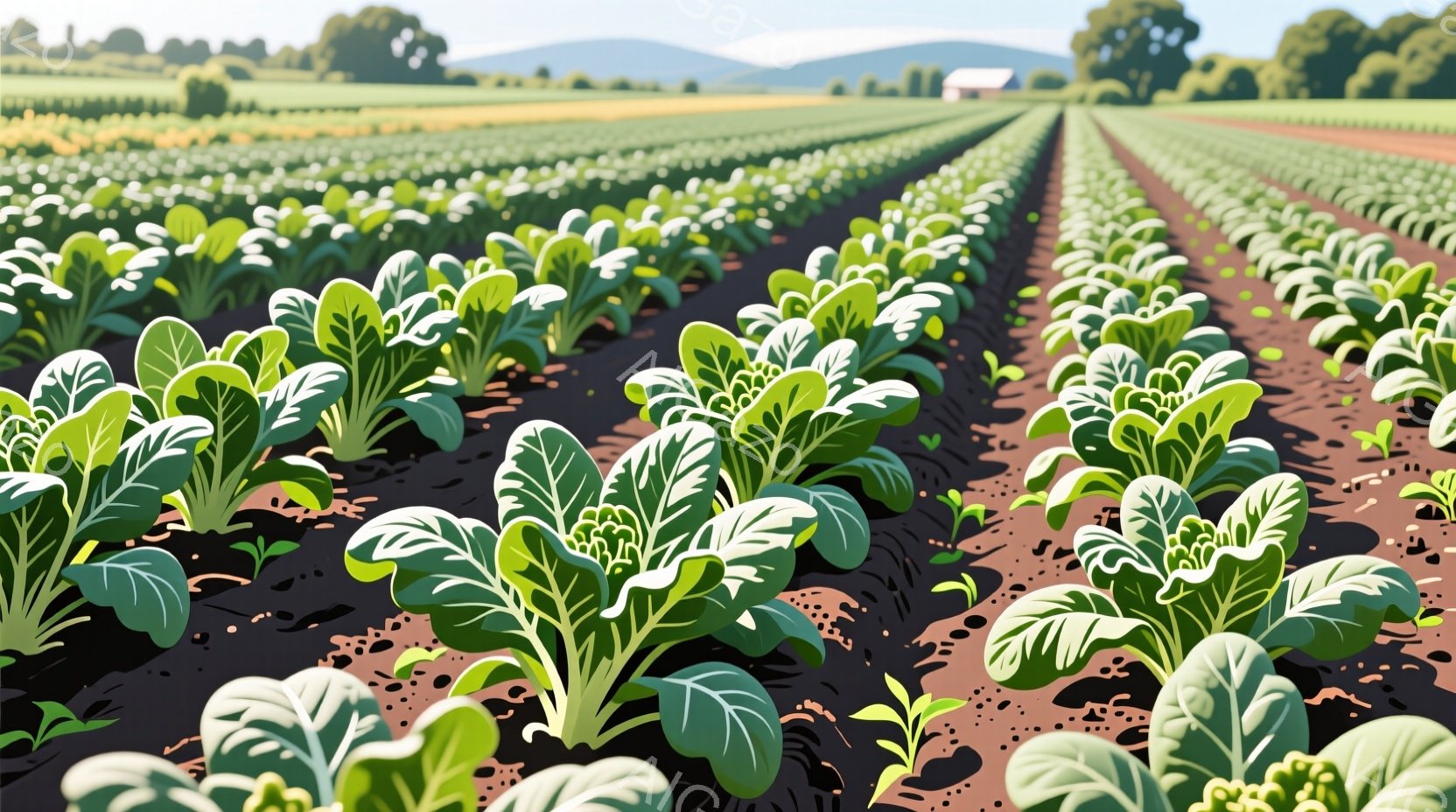 広大な畑には、緑豊かな葉野菜が整然と並んで植えられている。遠景には、小さく白い農家と、ぼんやりとした緑色の丘が見え、晴れた空の下、穏やかで平和な雰囲気が漂っている。土は暗褐色で、葉野菜の鮮やかな緑と対 - AI生成フリー素材
