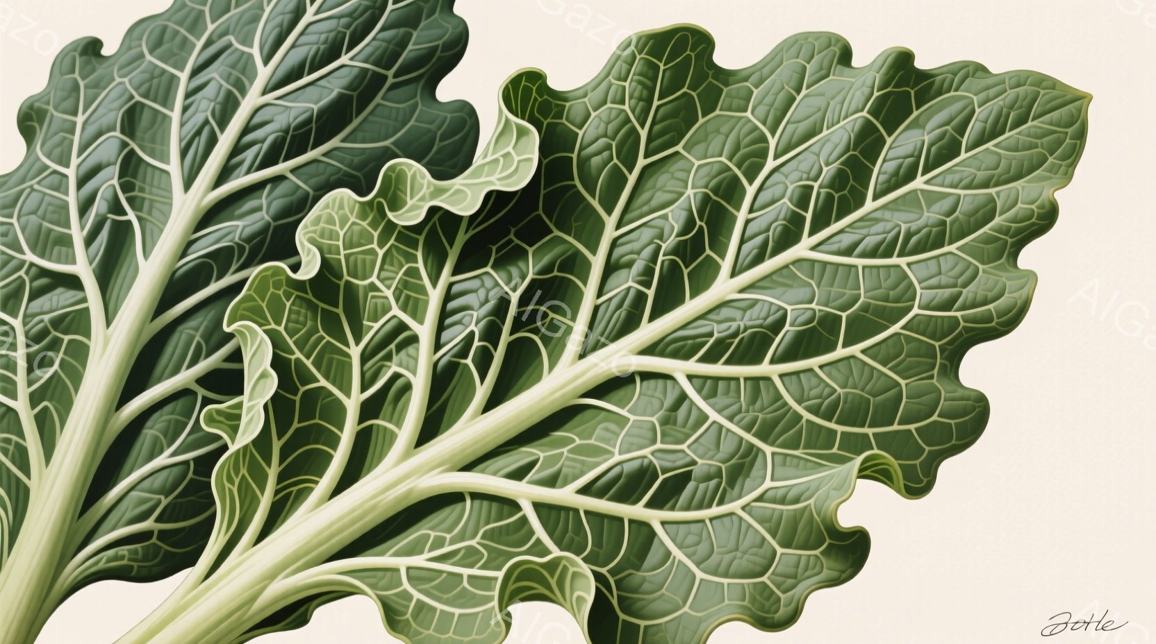 縮れた緑色の葉野菜、おそらくケールまたは類似の葉物野菜のクローズアップです。葉脈がはっきりと浮かび上がり、葉の質感が強調されており、全体的に鮮やかで自然な印象を与えます。背景は淡いベージュ色で、葉の緑 - AI生成フリー素材