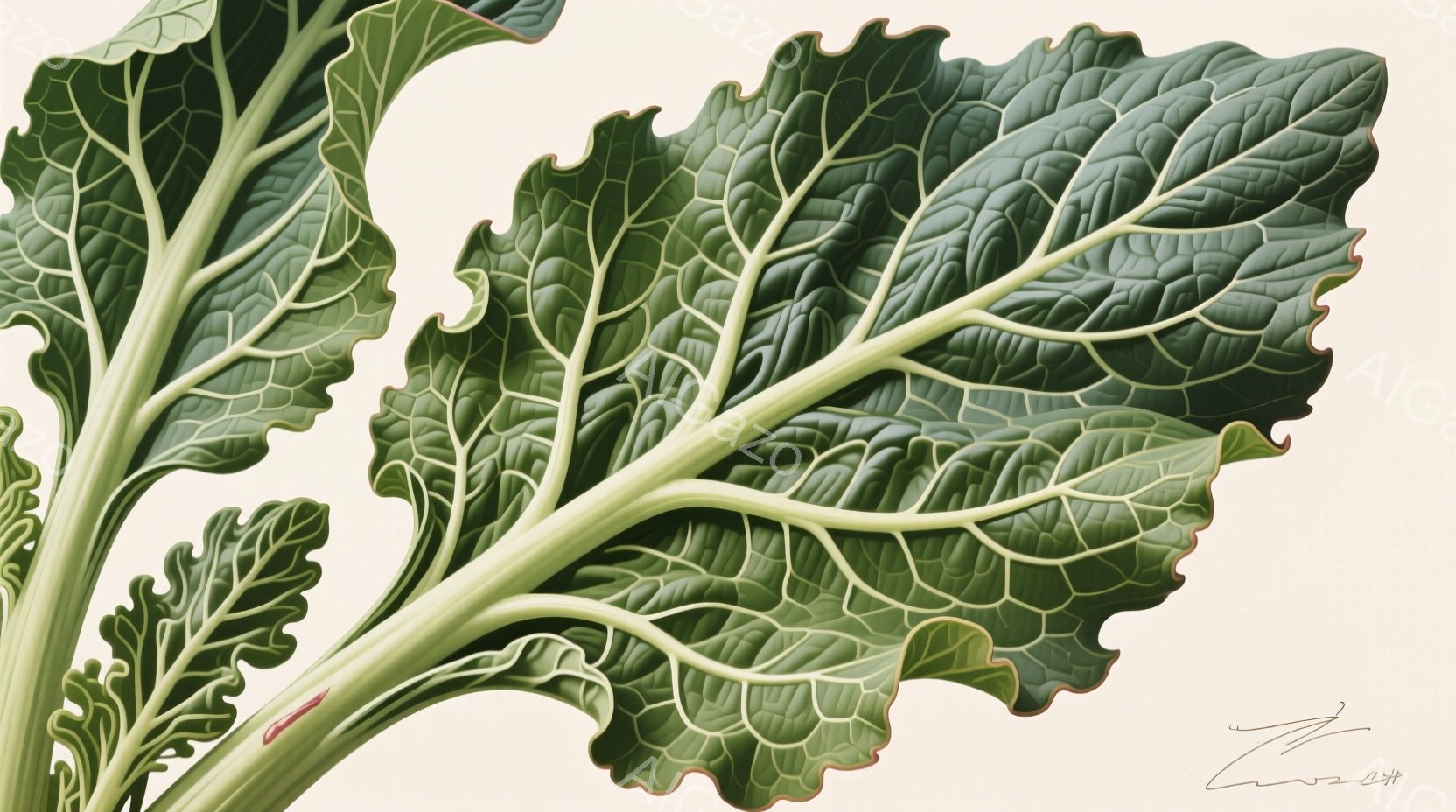 縮緬蕪（ちりめんかぶ）の葉のクローズアップです。葉脈がはっきりと表現され、濃緑色と淡い緑色のグラデーションが美しいです。背景は淡いベージュ色で、葉の緑色が際立っています。 - AI生成フリー素材