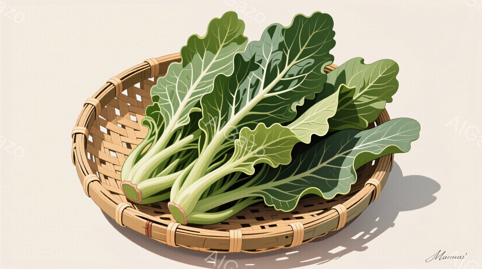 籠の中に青々とした小松菜がたっぷり詰まっています。籠は茶色い籐編みで、影が落ちて立体感があります。シンプルな背景に光が差し込み、新鮮な野菜が引き立っています。