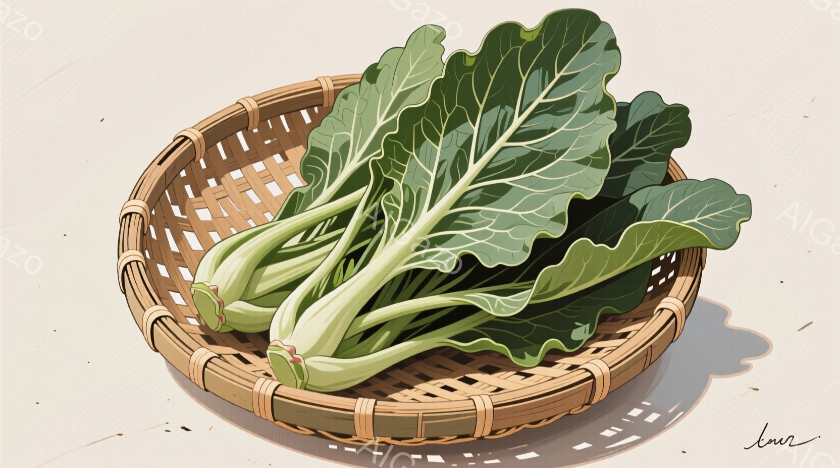 籠の中に、新鮮な小松菜が山積みにされています。葉は鮮やかな緑色で、根元には土が少し付いています。背景は淡いベージュ色で、籠の影が描かれており、シンプルで落ち着いた雰囲気を醸し出しています。 - AI生成フリー素材