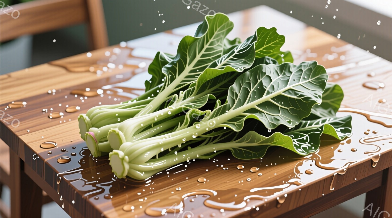 鮮やかな緑色の小松菜が、木目調のテーブルの上に置かれています。テーブルの上には水滴が散らばっており、まるで雨上がりのように湿った雰囲気を醸し出しています。背景はぼやけており、テーブルと小松菜が主な焦点 - AI生成フリー素材