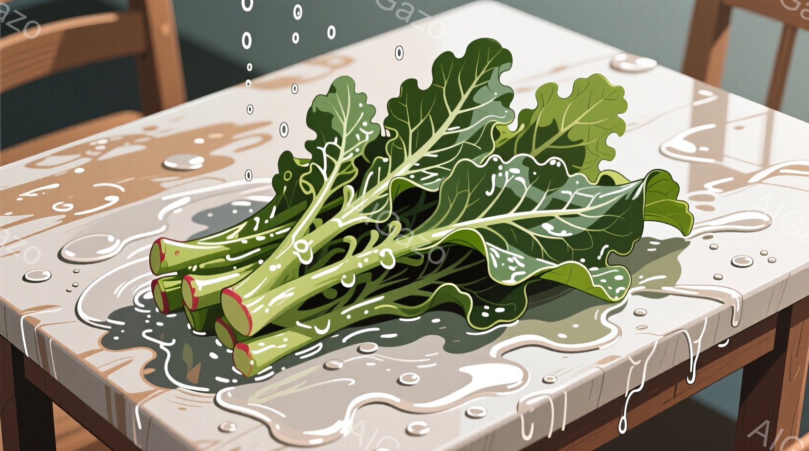 水滴で覆われたテーブルの上に置かれた赤茎の小松菜の束を示しています。小松菜は鮮やかな緑色で、茎の部分は赤く、葉は水滴で濡れています。背景には木製のテーブルと椅子の脚の一部が見え、全体的に湿った、静かな - AI生成フリー素材