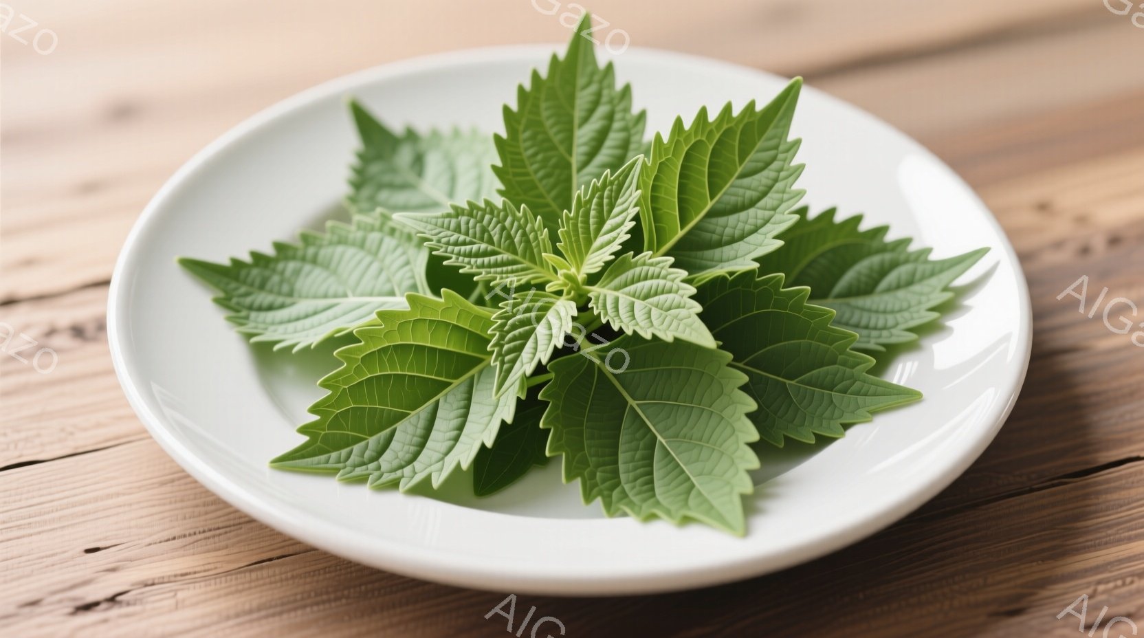 白い皿の上に、新鮮なミントの葉が山積みに盛られています。葉は鮮やかな緑色で、独特の葉脈がはっきりと見えます。背景は木目の美しい茶色いテーブルで、自然な雰囲気を醸し出しています。