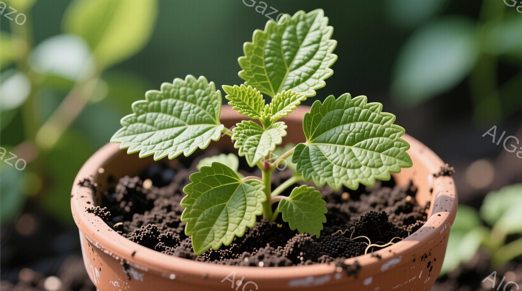 鉢に植えられた若い植物が写っている。葉は緑色で、まだ柔らかく、茎は赤みを帯びている。背景はぼやけており、土と植物に焦点が当たっている。