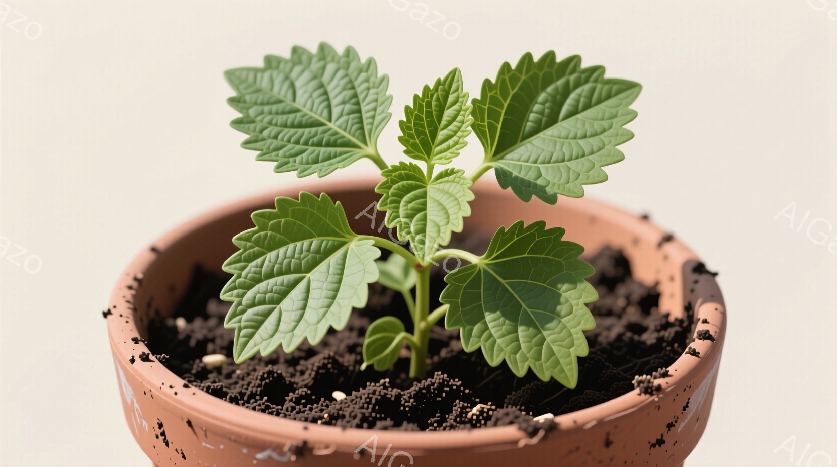 鉢植えに植えられた若い植物が写っている。葉は緑色で、ギザギザとした独特の形をしている。土は黒く、湿っているように見える。