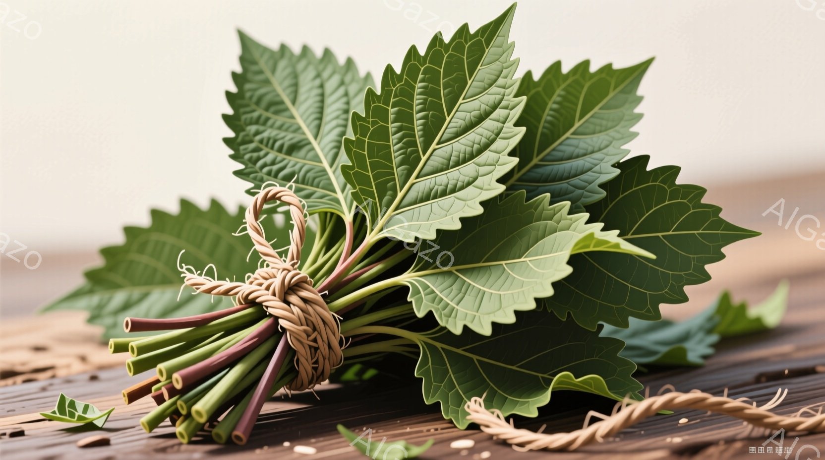 鮮やかな緑色のミツバの束が、麻紐で結ばれてテーブルの上に置かれている。ミツバの茎は緑と紫色のグラデーションになっており、葉は生き生きとした質感で表現されている。背景には、竹製の敷物のようなものがわずかに見え、自然な雰囲気を醸し出している。