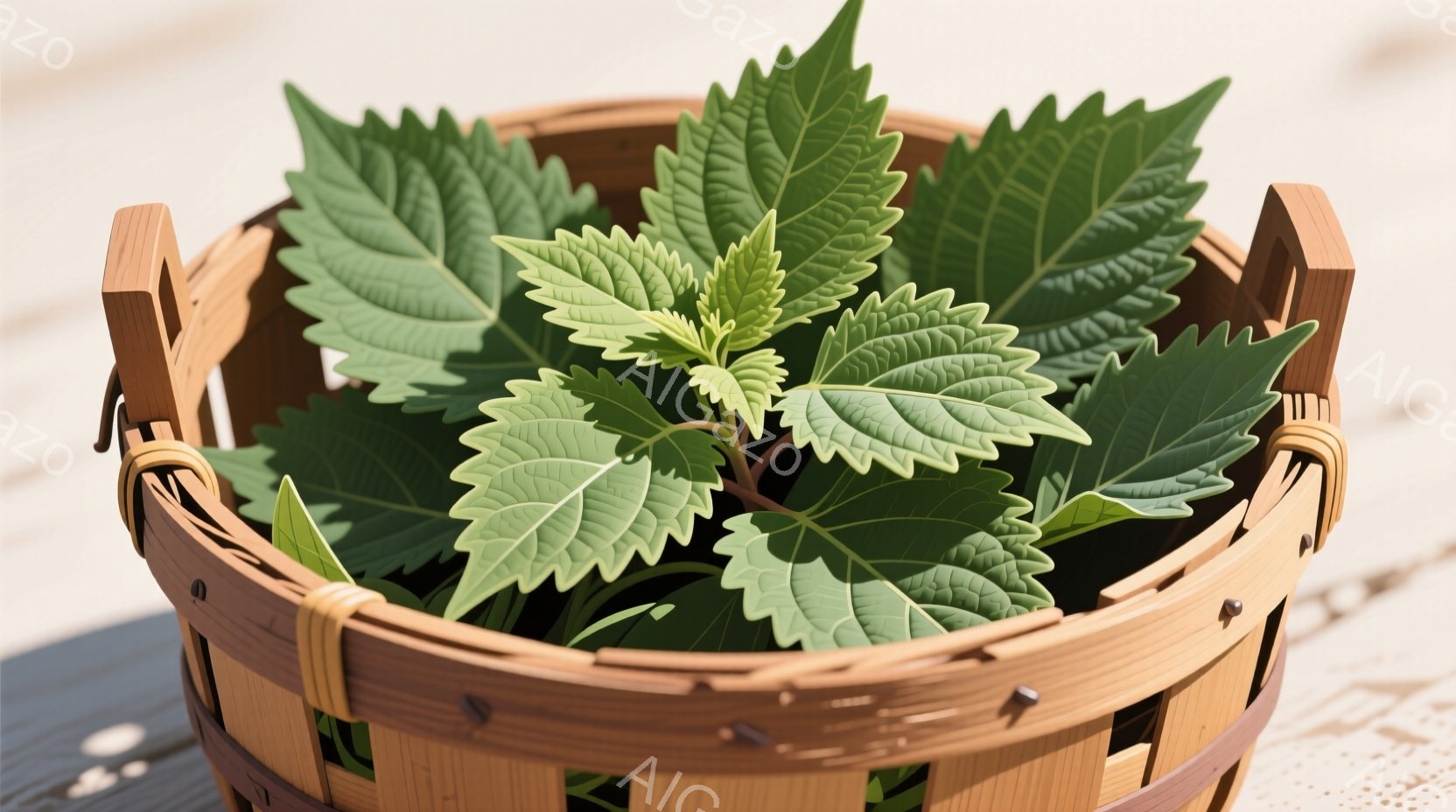 籐で編まれた浅い籠の中に、鮮やかな緑色の葉っぱがたっぷりと詰まっています。葉の形は独特で、ギザギザとした縁が特徴的です。背景は木製のデッキで、明るい日差しが差し込み、全体的に自然で穏やかな雰囲気が漂っています。