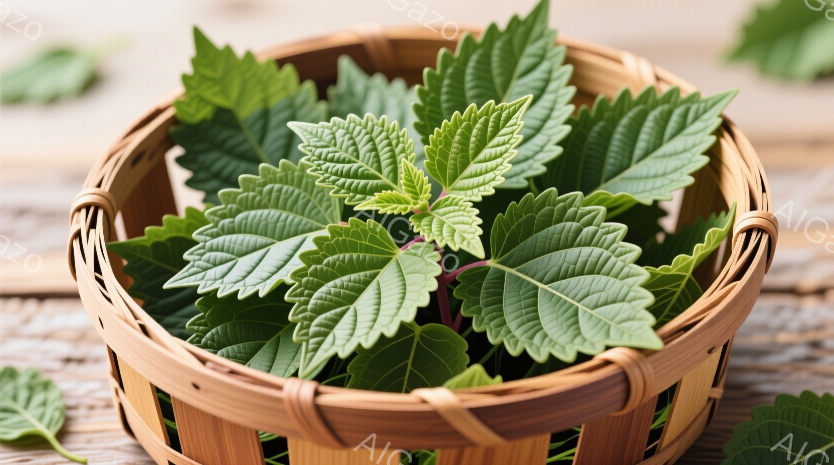 籠の中に、鮮やかな緑色のミナズキの葉がたっぷりと詰め込まれています。葉は光沢があり、生い茂った様子がわかります。背景は木目調のテーブルで、自然な雰囲気を醸し出しています。