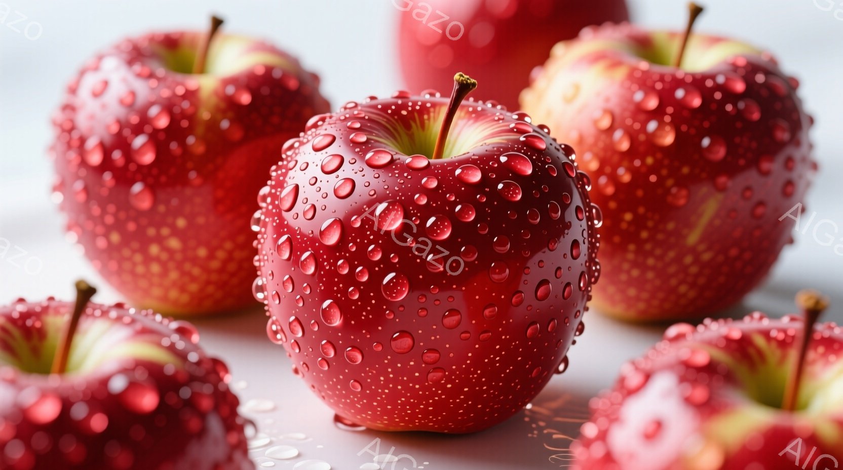 真っ赤なリンゴが数個、水滴で覆われて写っています。背景は白く、リンゴの鮮やかな赤色が際立っています。全体的に瑞々しく、みずみずしい雰囲気が感じられます。 - AI生成フリー素材