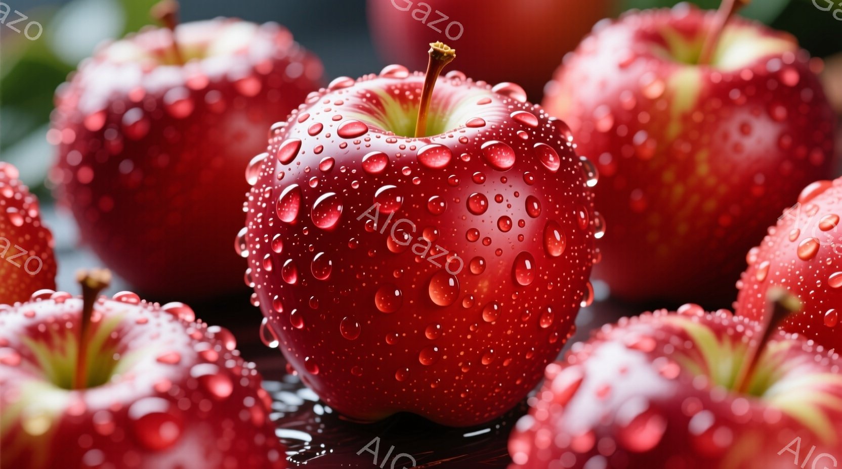 鮮やかな赤いリンゴが、水滴をまとって画面いっぱいに並んでいます。リンゴは瑞々しく、まるで雨上がりのように輝き、背景の暗い反射がその赤色をより際立たせています。全体的にみずみずしく、健康的な印象を与える、食欲をそそる写真です。