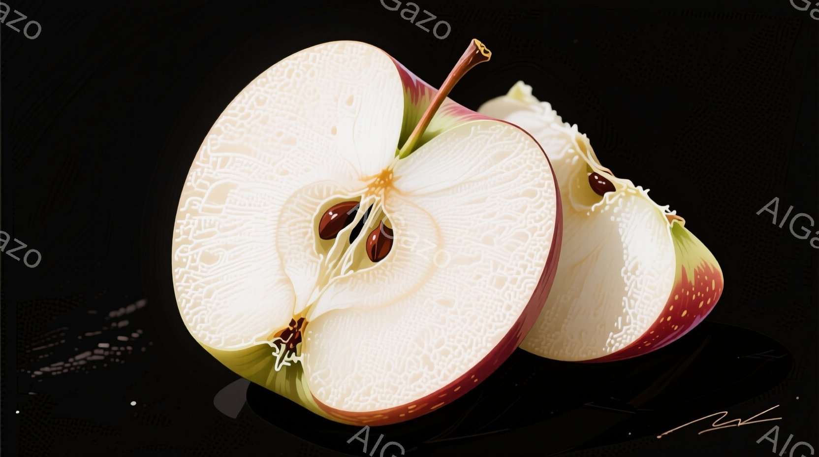 鮮やかな赤いリンゴが半分にカットされ、断面が白く美しいコントラストをなしている。リンゴの表面には細かい線が描かれており、立体感と質感が強調されている。背景は暗く、リンゴが際立つように配置されており、全体的に静かで落ち着いた雰囲気を醸し出している。